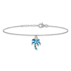 Sterling Silver Rhodium-plated Created Opal Palm Tree 9 inch Plus 1 inch Extender - Total 10 inch Anklet