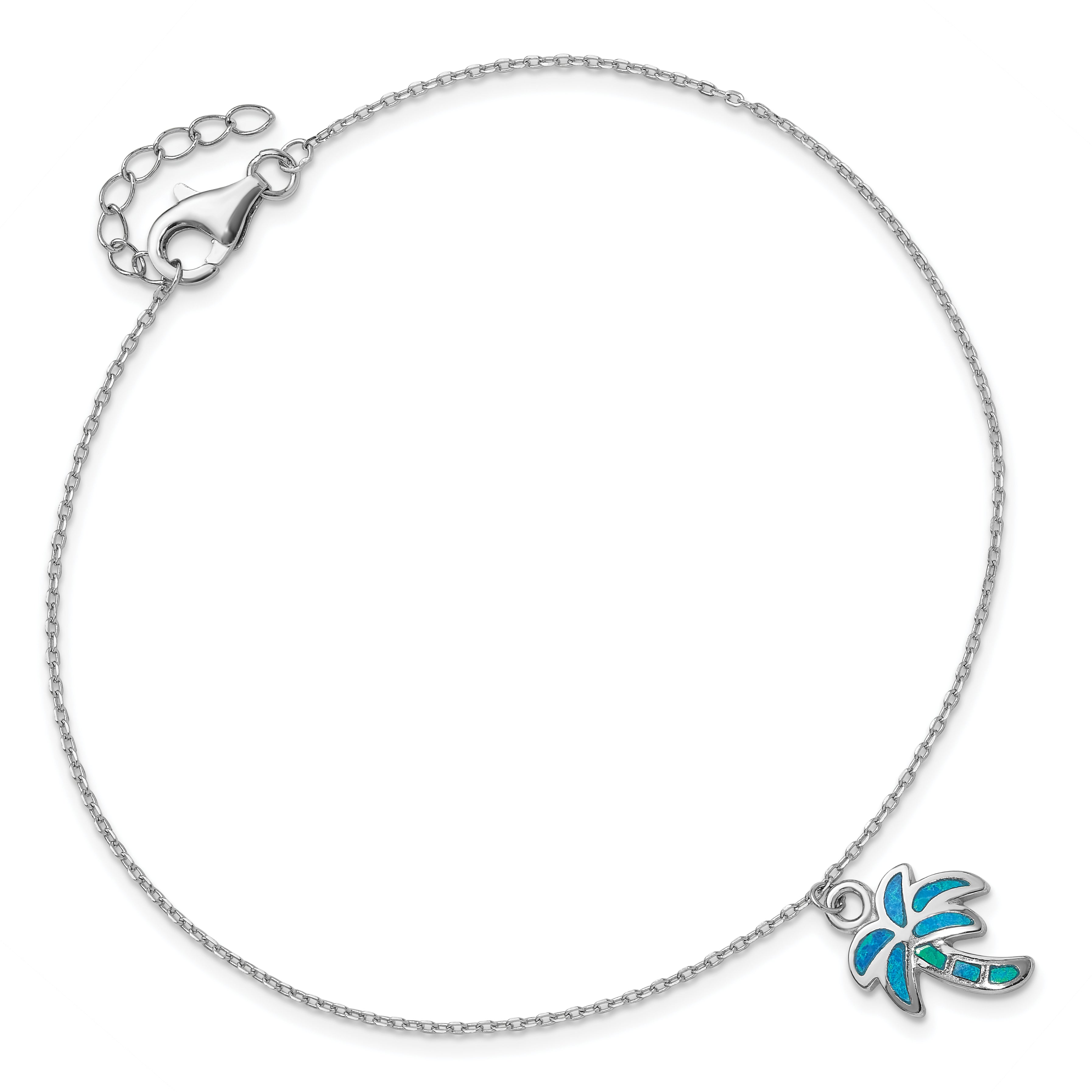 Sterling Silver Rhodium-plated Created Opal Palm Tree 9 inch Plus 1 inch Extender - Total 10 inch Anklet