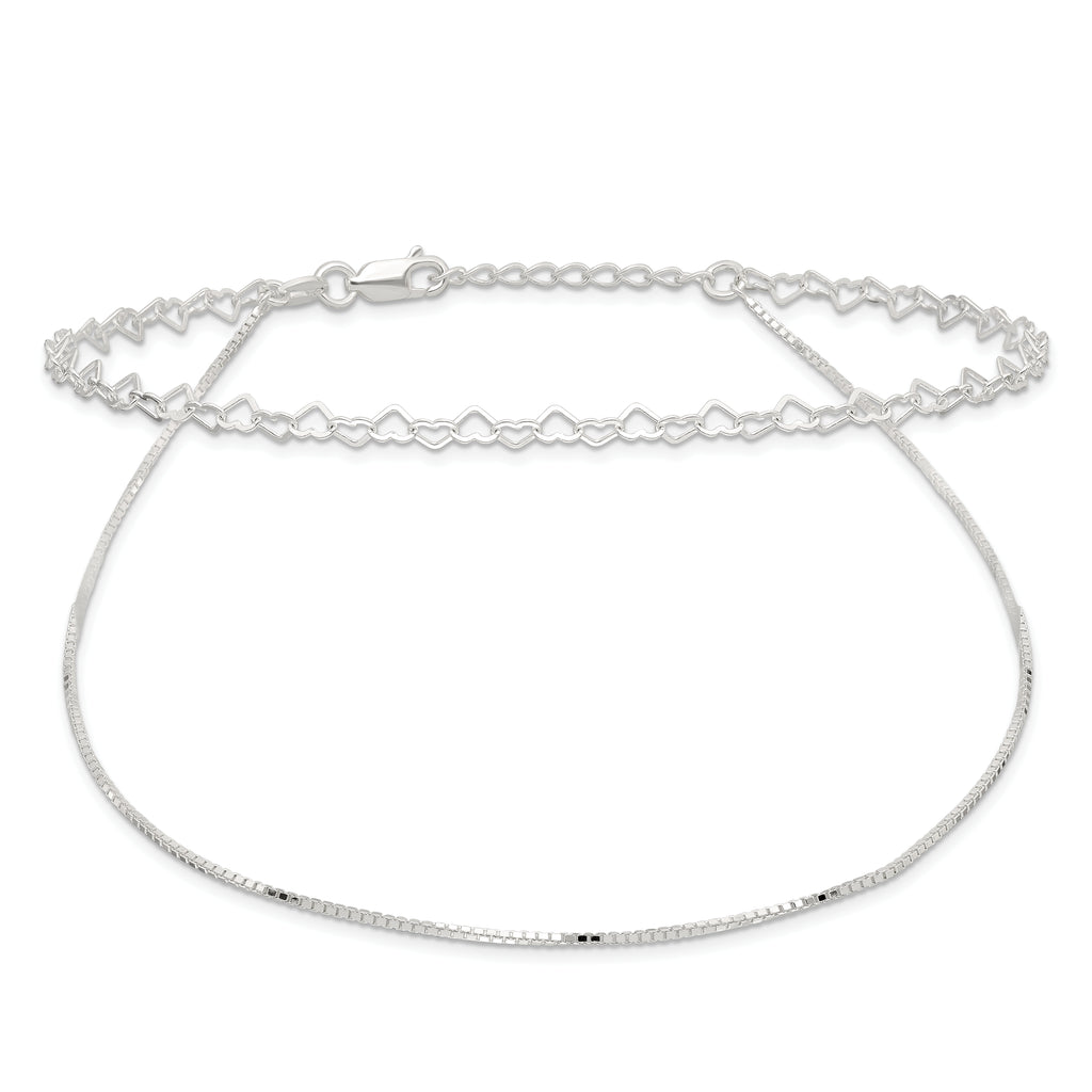 Sterling Silver 2-Strand Heart Link 9 inch Plus 1 inch Extender - Total 10 inch Anklet