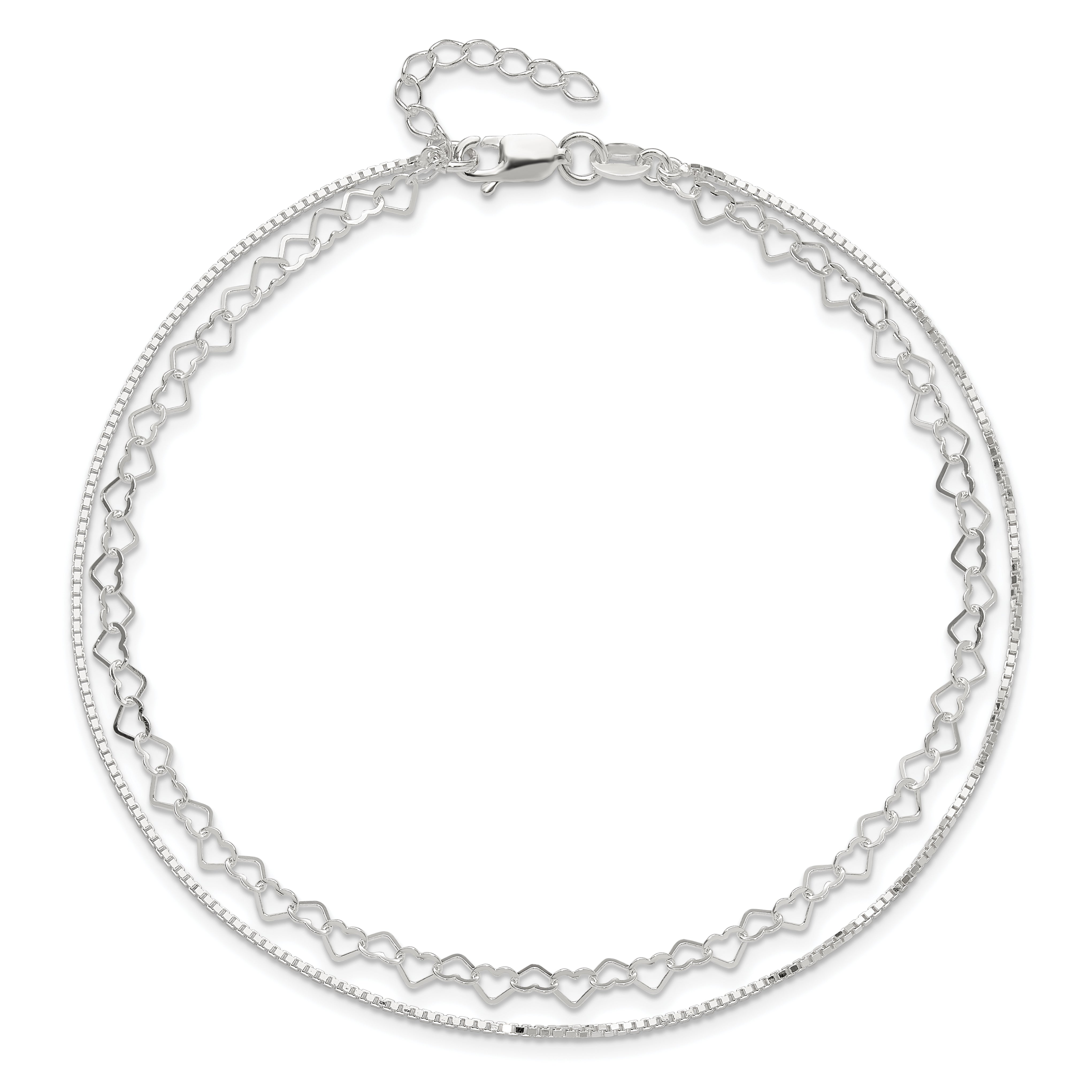 Sterling Silver 2-Strand Heart Link 9 inch Plus 1 inch Extender - Total 10 inch Anklet