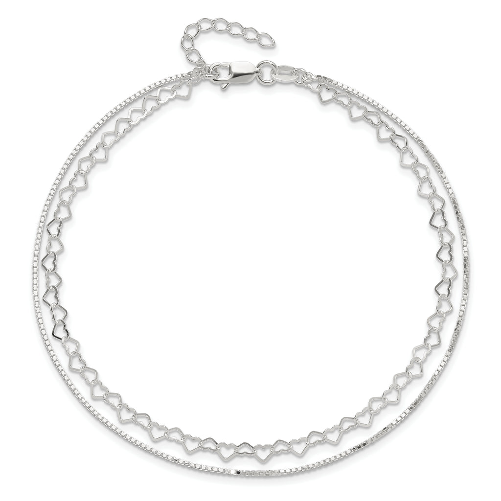 Sterling Silver 2-Strand Heart Link 9 inch Plus 1 inch Extender - Total 10 inch Anklet