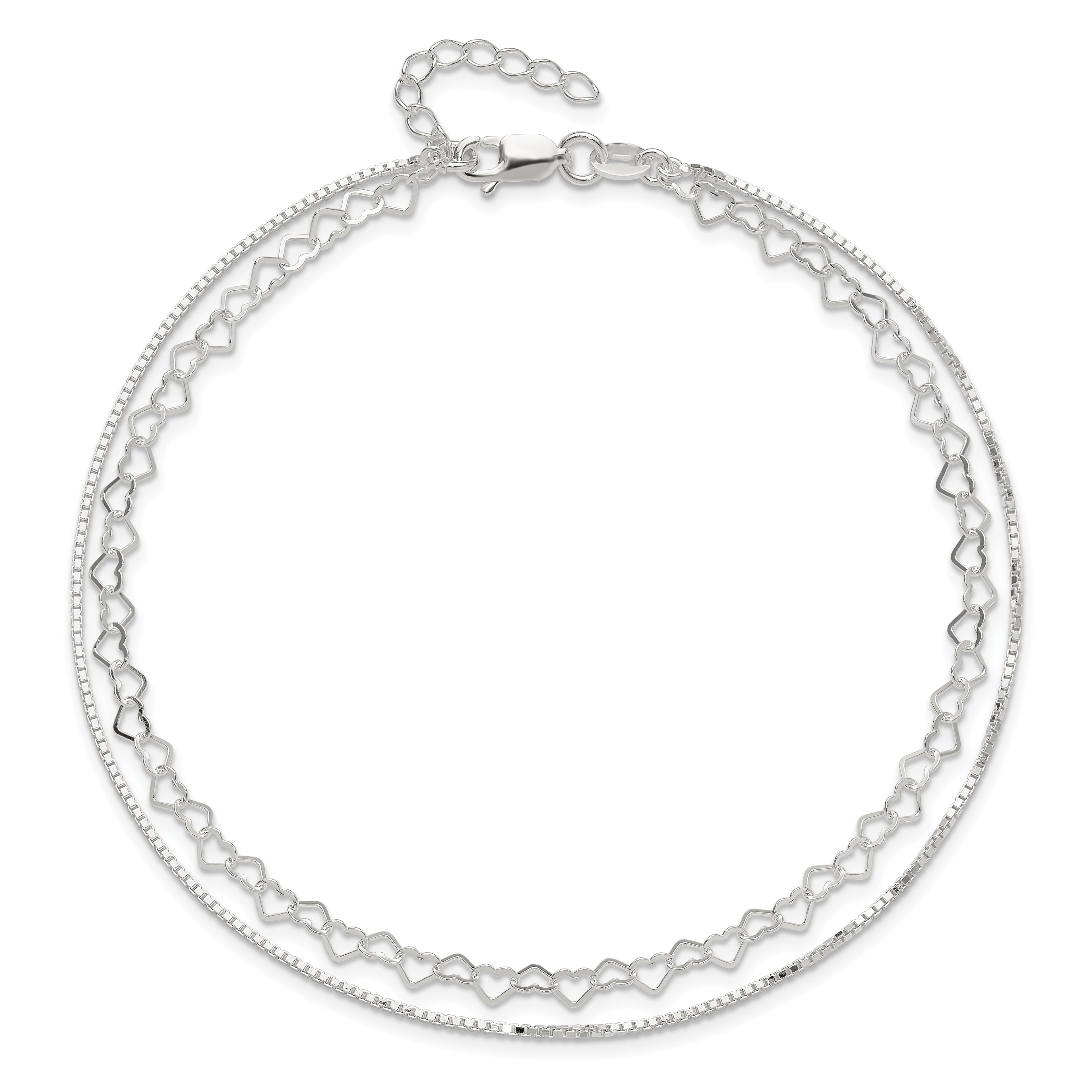 Sterling Silver 2-Strand Heart Link 9 inch Plus 1 inch Extender - Total 10 inch Anklet