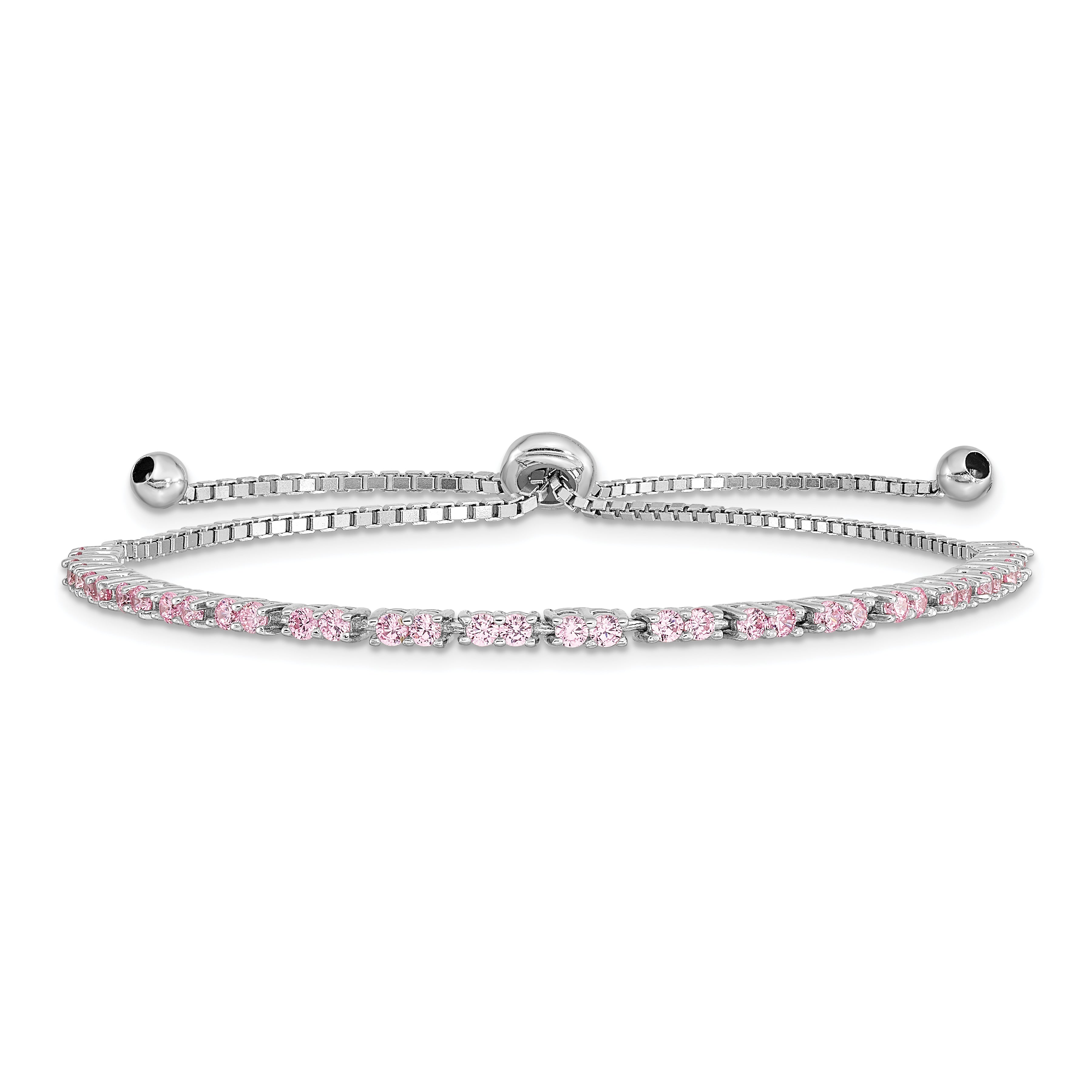 Sterling Silver Rhodium Plated October Pink CZ  Adjustable Bracelet
