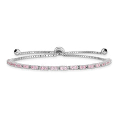 Sterling Silver Rhodium Plated October Pink CZ  Adjustable Bracelet
