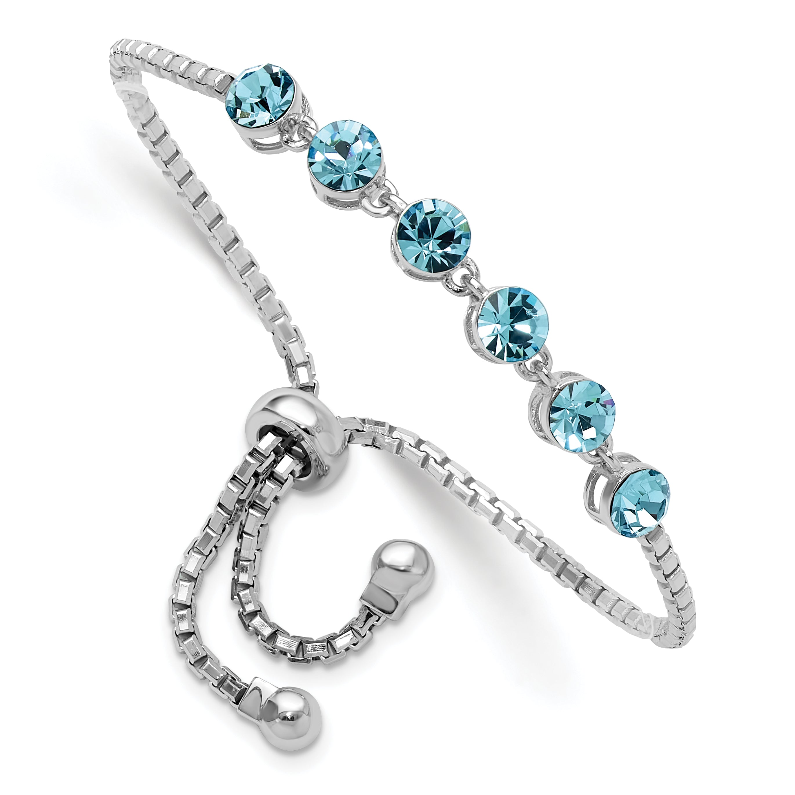 Sterling Silver Rhodium-plated Blue Crystal Adjustable Bracelet