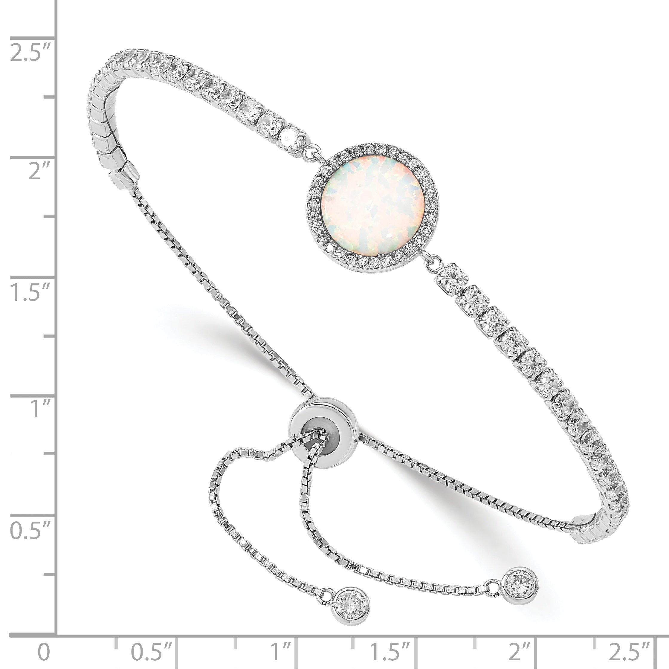 Sterling Silver RH-plated Created Opal and CZ Adjustable Bracelet