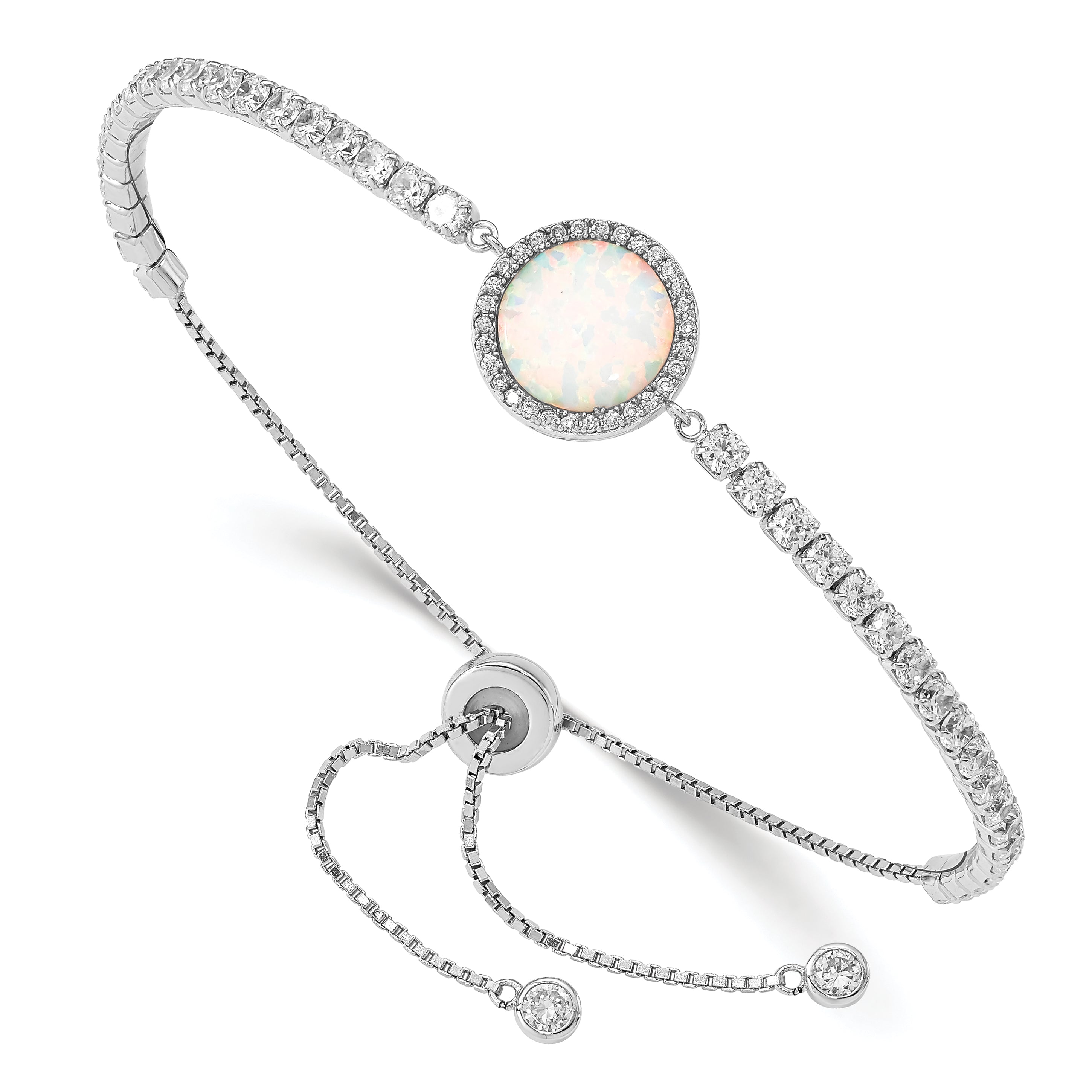 Sterling Silver RH-plated Created Opal and CZ Adjustable Bracelet Main image