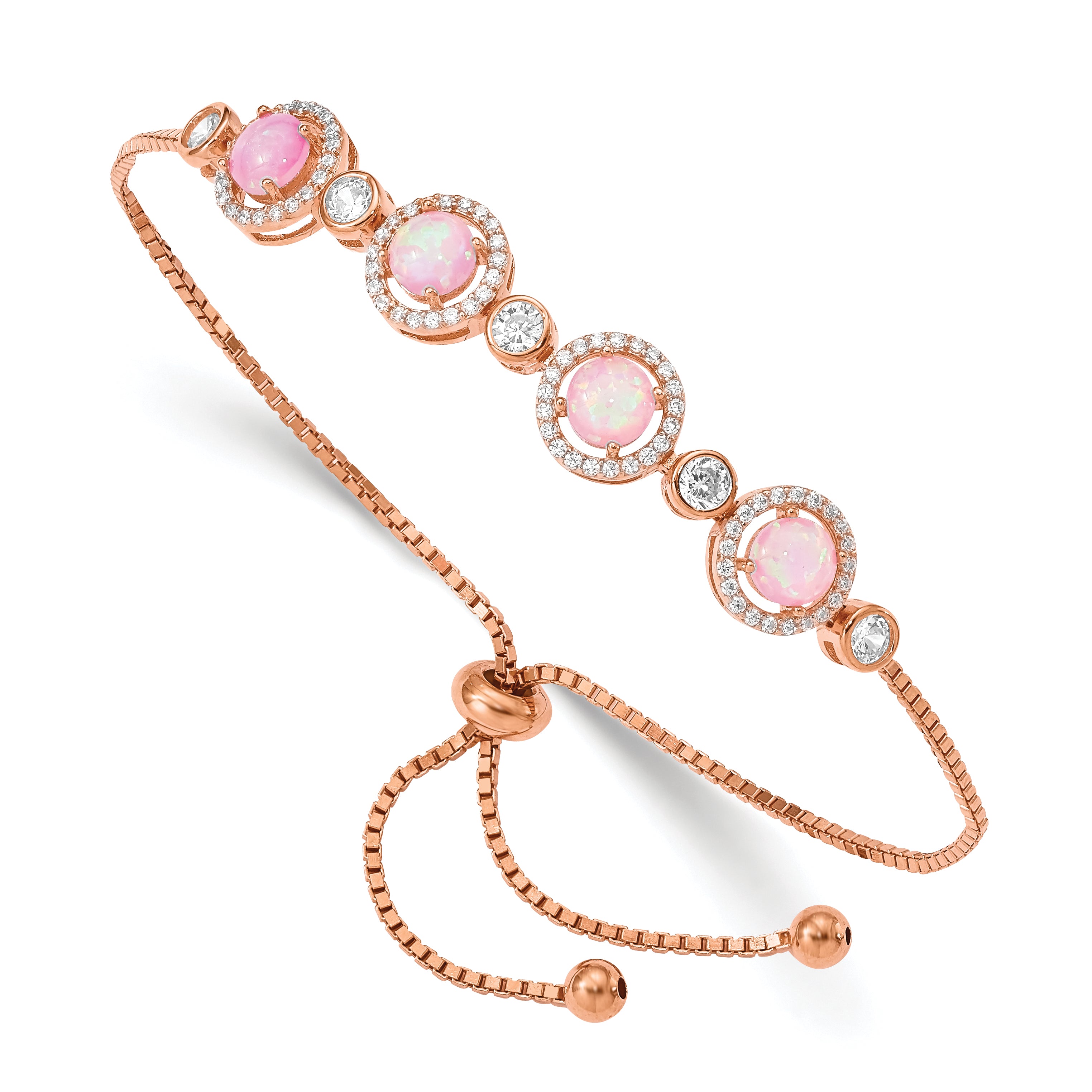 Sterling Silver Rose-tone Created Opal and CZ Adjustable Bracelet