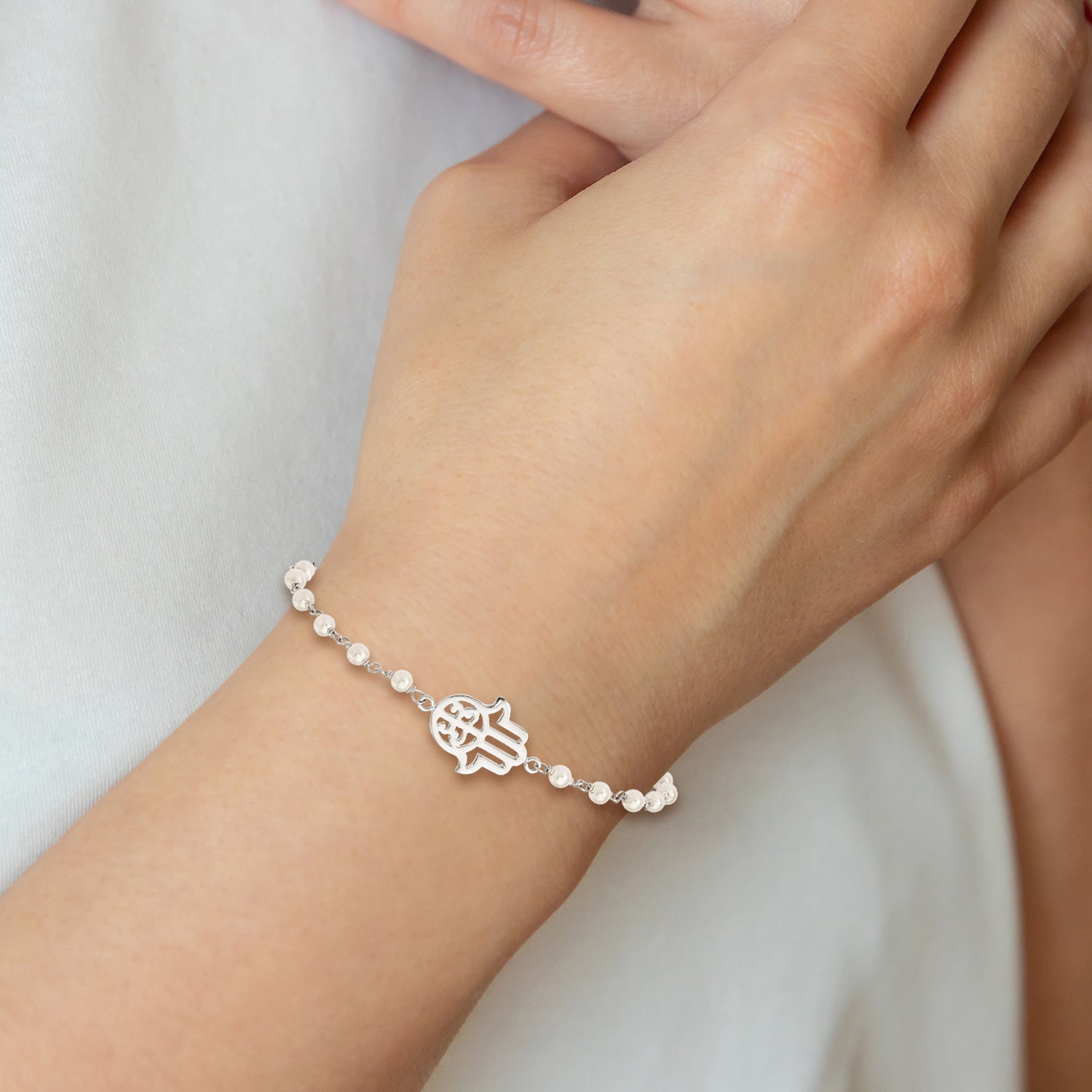 Sterling Silver Hamsa With  Simulated Pearl Adjustable Bracelet