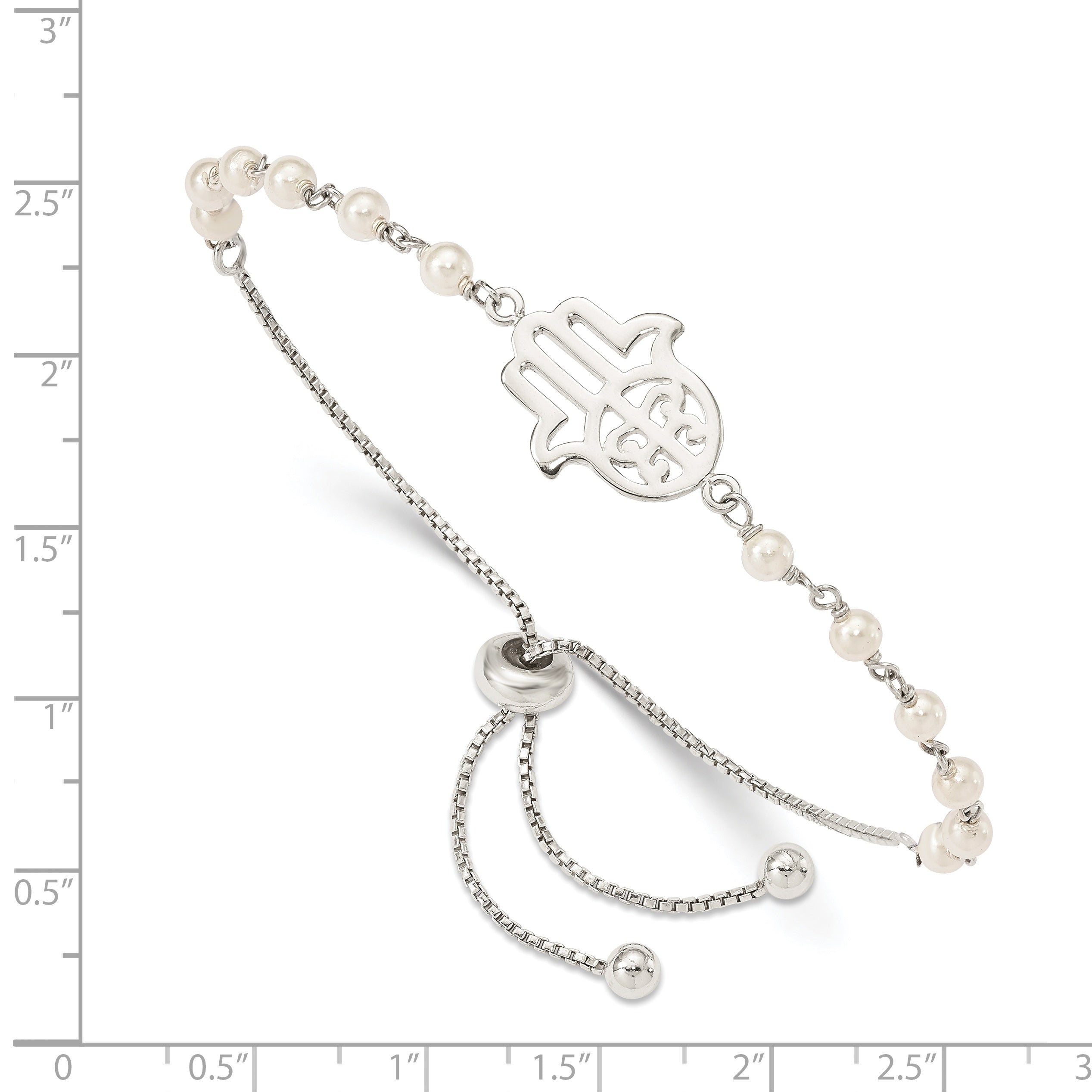 Sterling Silver Hamsa With  Simulated Pearl Adjustable Bracelet
