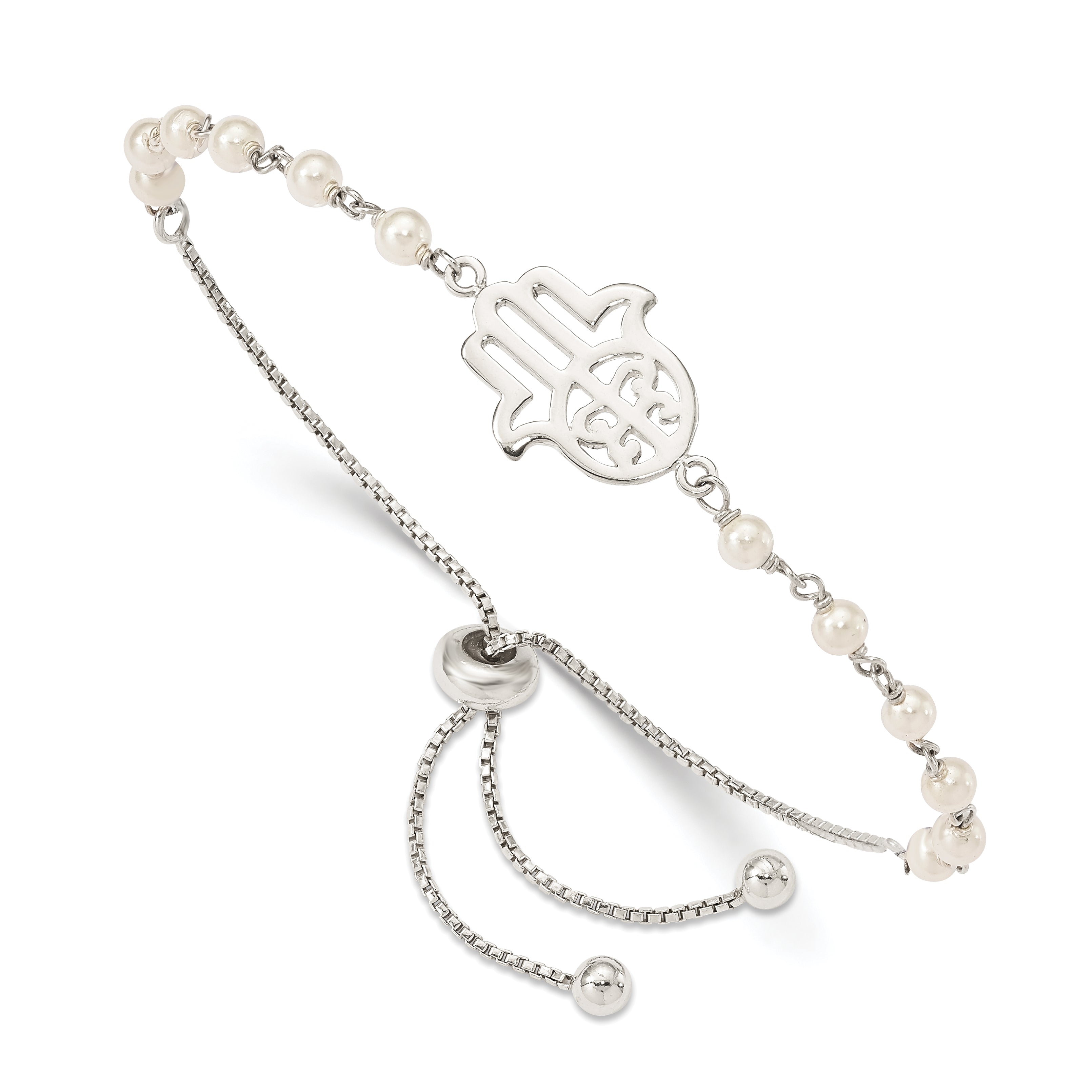 Sterling Silver Hamsa With  Simulated Pearl Adjustable Bracelet