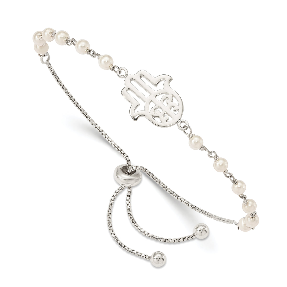 Sterling Silver Hamsa With  Simulated Pearl Adjustable Bracelet
