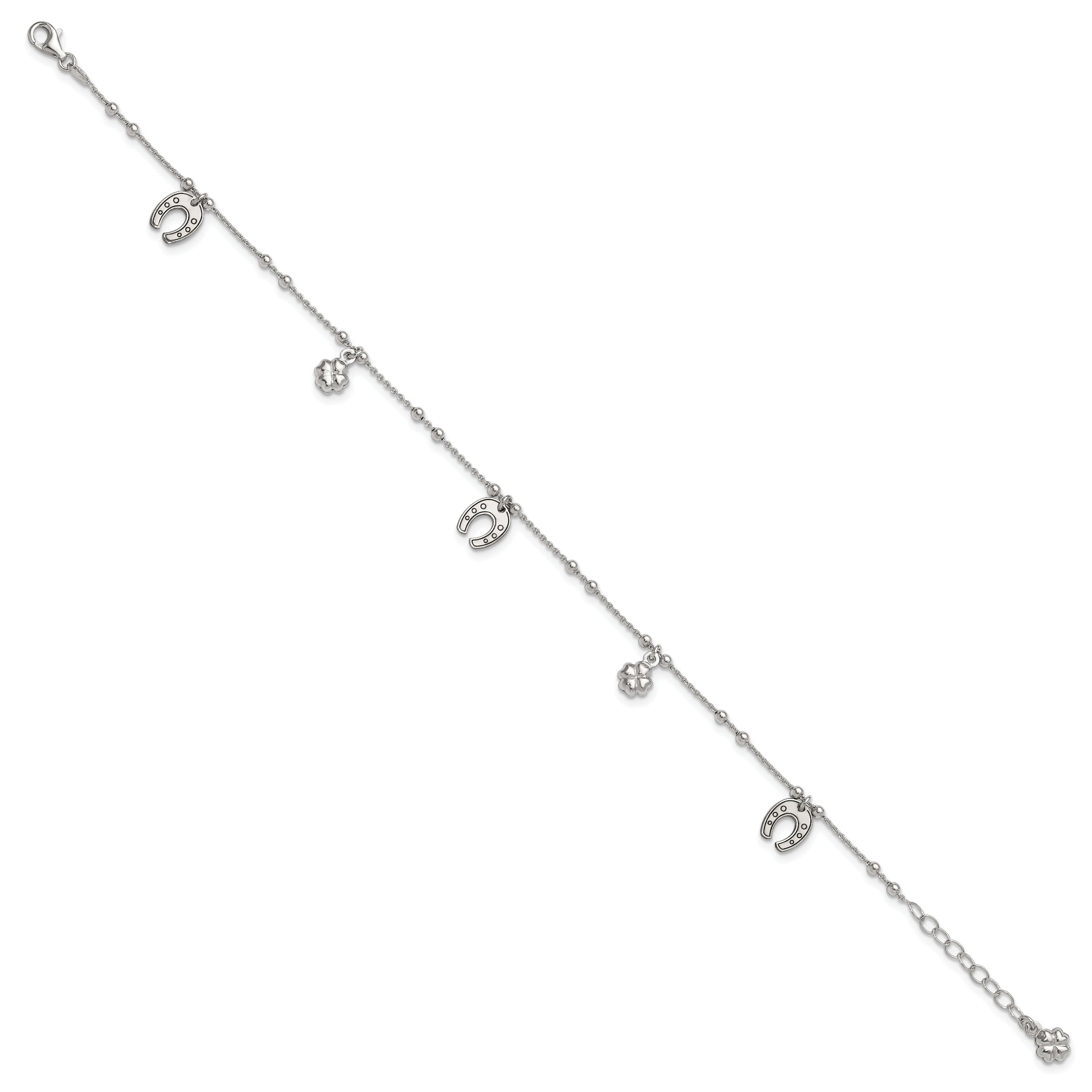 Sterling Silver Rhodium-plated Clover/Horseshoe 9 inch Plus 1 inch Extender - Total 10 inch Anklet