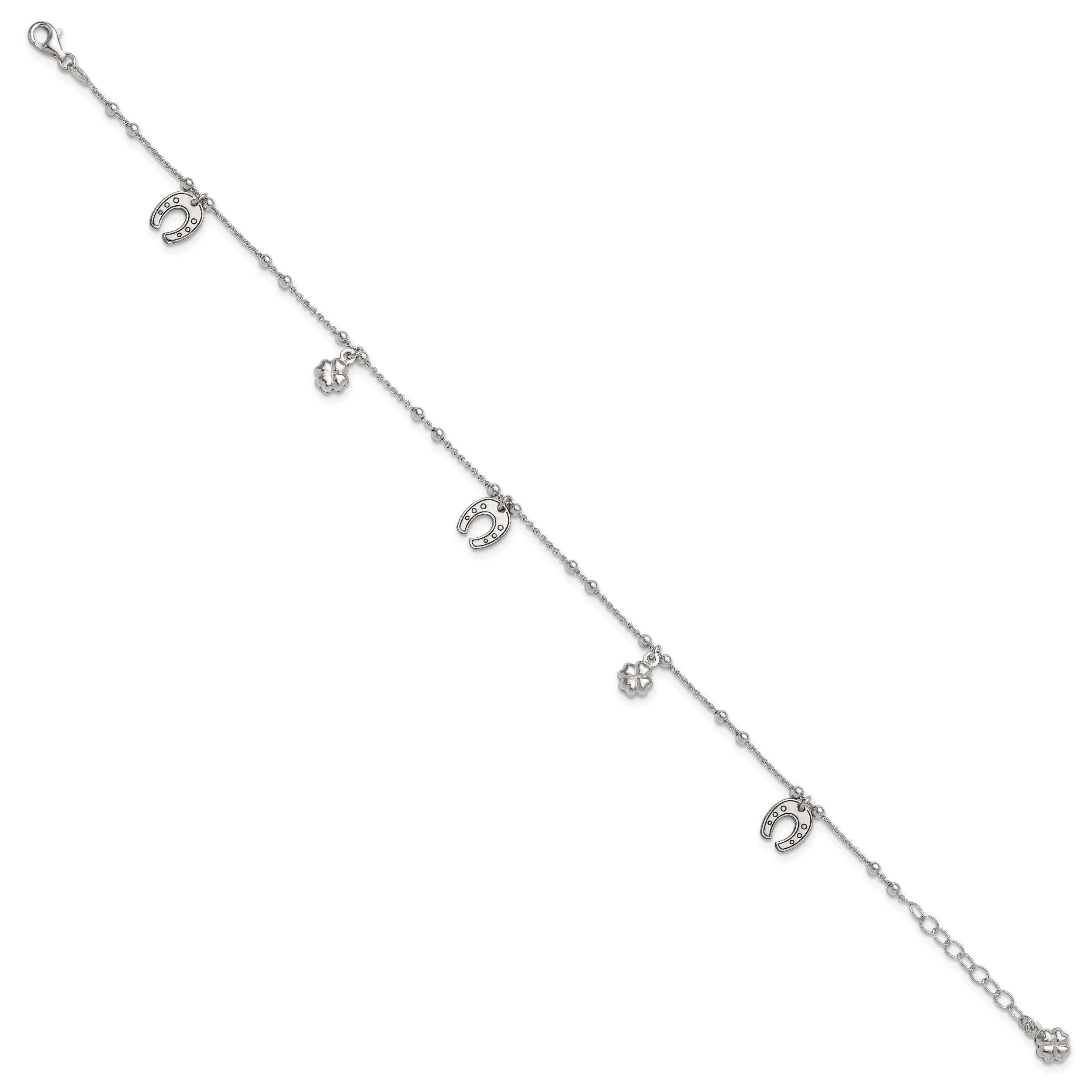 Sterling Silver Rhodium-plated Clover/Horseshoe 9 inch Plus 1 inch Extender - Total 10 inch Anklet Secondary image