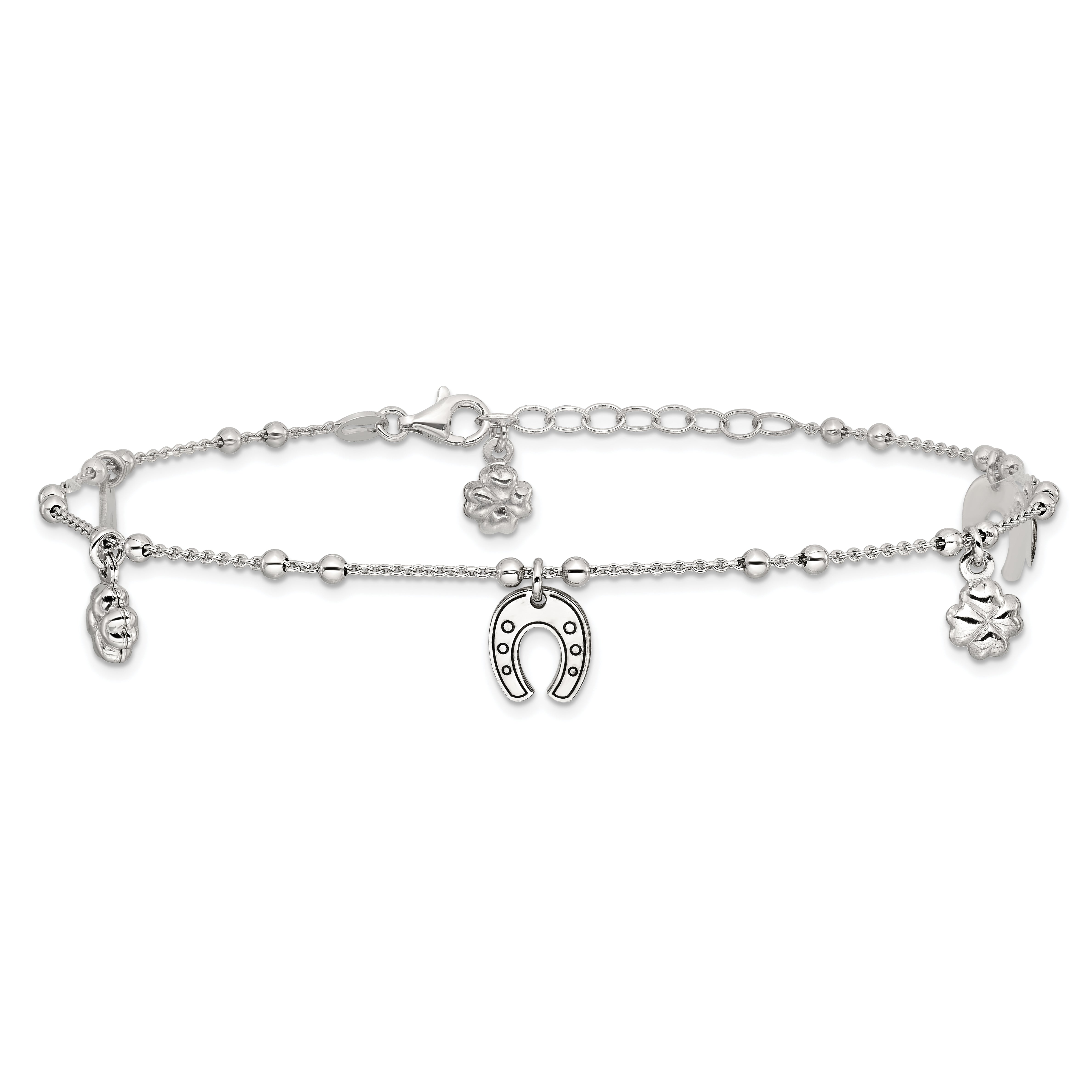 Sterling Silver Rhodium-plated Clover/Horseshoe 9 inch Plus 1 inch Extender - Total 10 inch Anklet