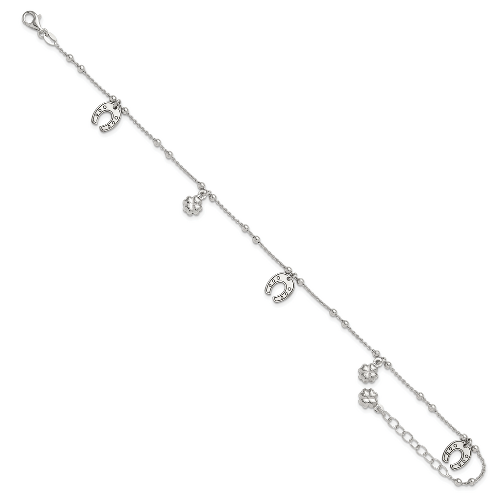 Sterling Silver Rhodium-plated Clover/Horseshoe 9 inch Plus 1 inch Extender - Total 10 inch Anklet