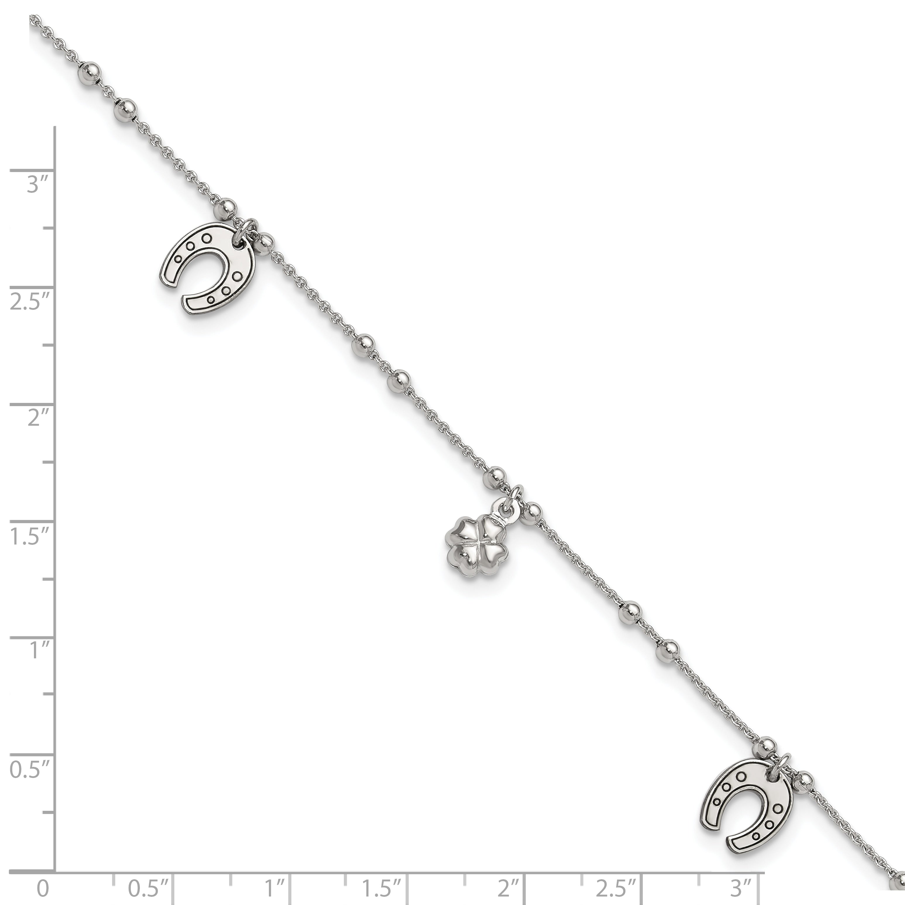 Sterling Silver Rhodium-plated Clover/Horseshoe 9 inch Plus 1 inch Extender - Total 10 inch Anklet