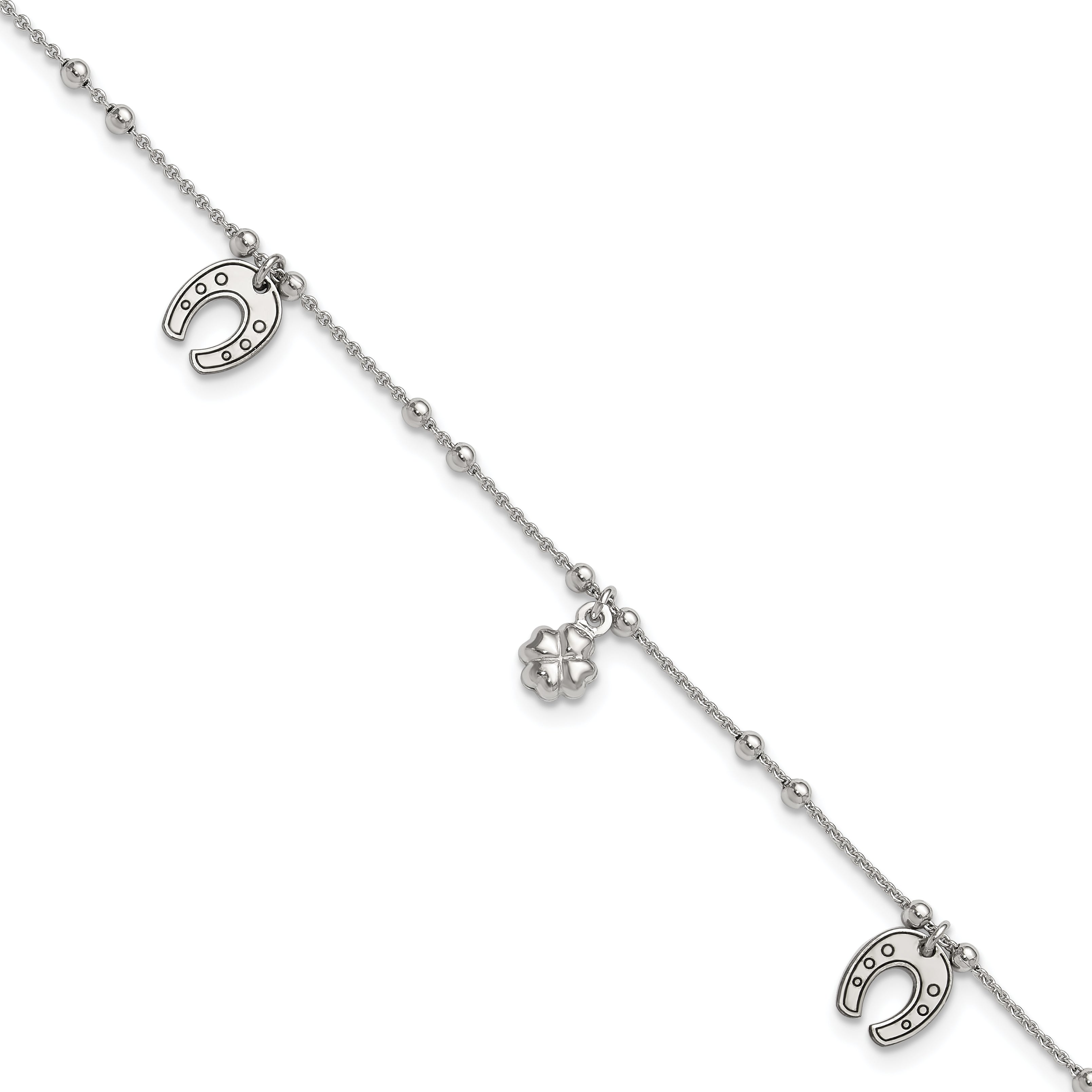 Sterling Silver Rhodium-plated Clover/Horseshoe 9 inch Plus 1 inch Extender - Total 10 inch Anklet