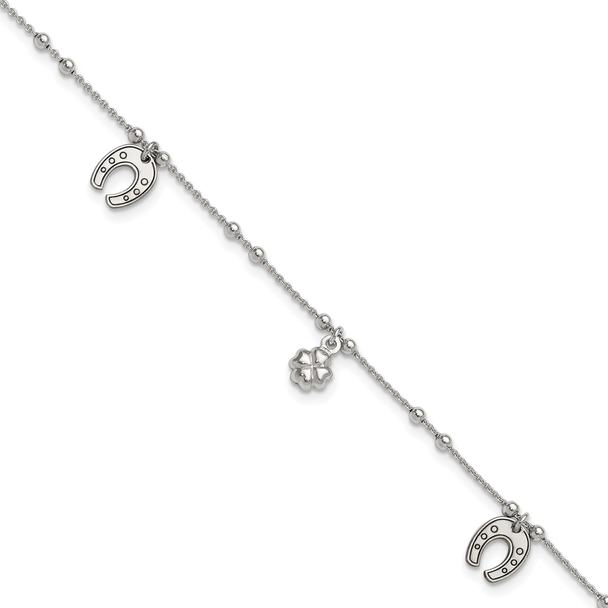 Sterling Silver Rhodium-plated Clover/Horseshoe 9 inch Plus 1 inch Extender - Total 10 inch Anklet