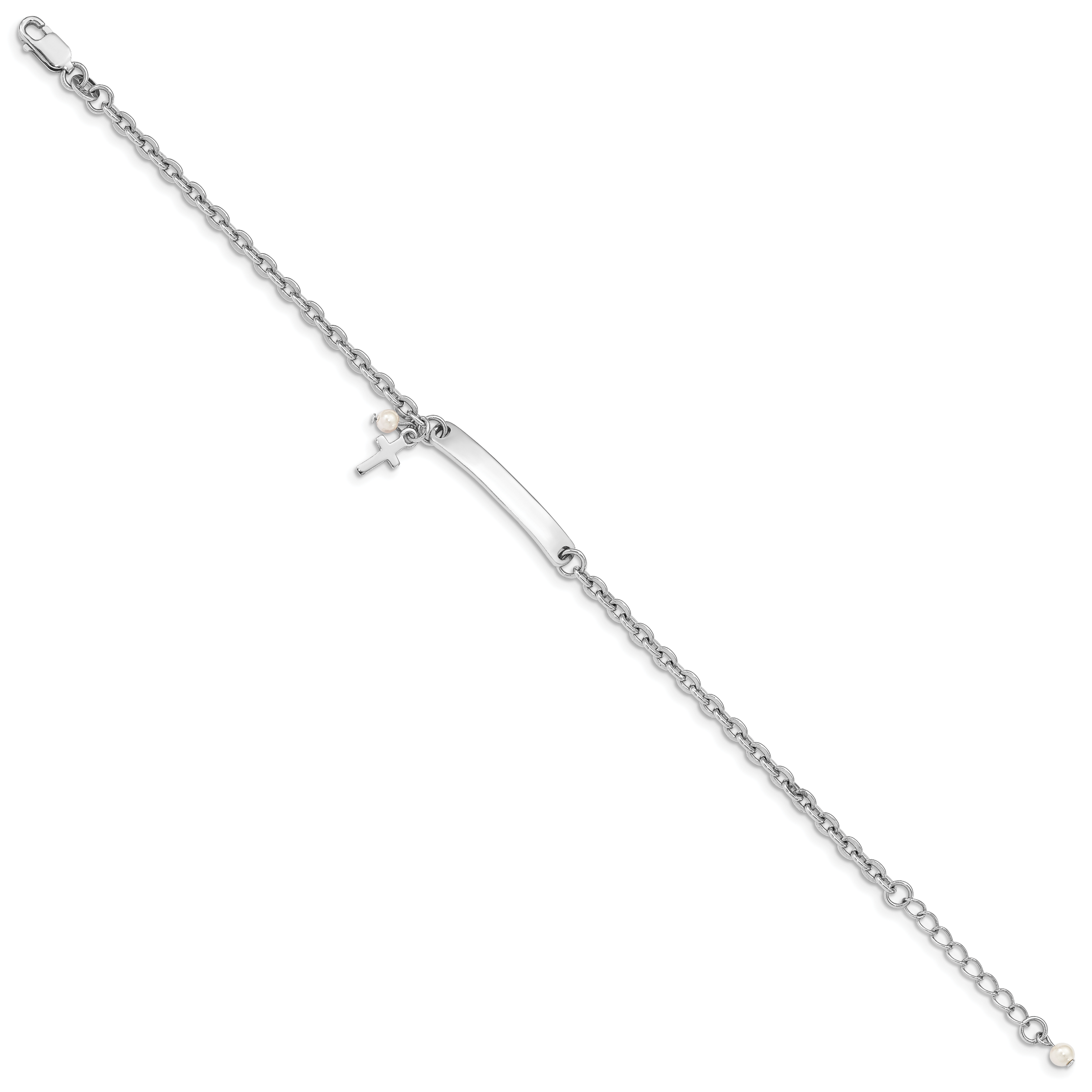 Sterling Silver RH-plated Cross Syn Pearl 5in Plus1in Ext. ID Bracelet Secondary image