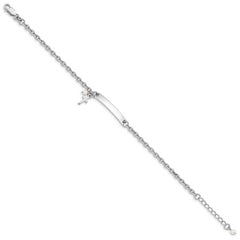 Sterling Silver RH-plated Cross Syn Pearl 6in Plus1in Ext. ID Bracelet