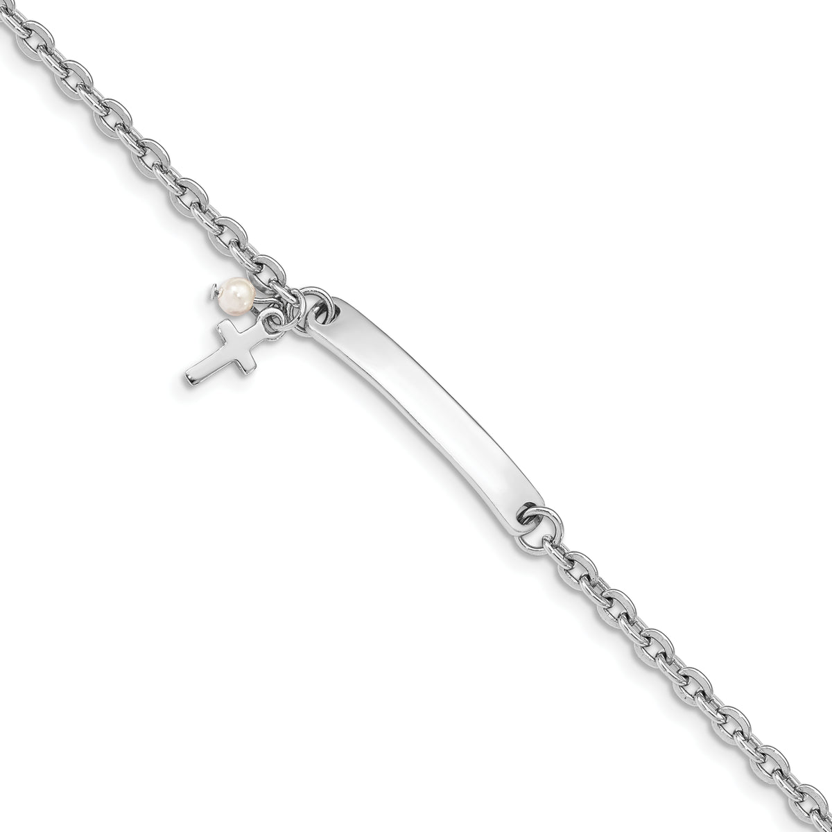 Sterling Silver RH-plated Cross Syn Pearl 5in Plus1in Ext. ID Bracelet