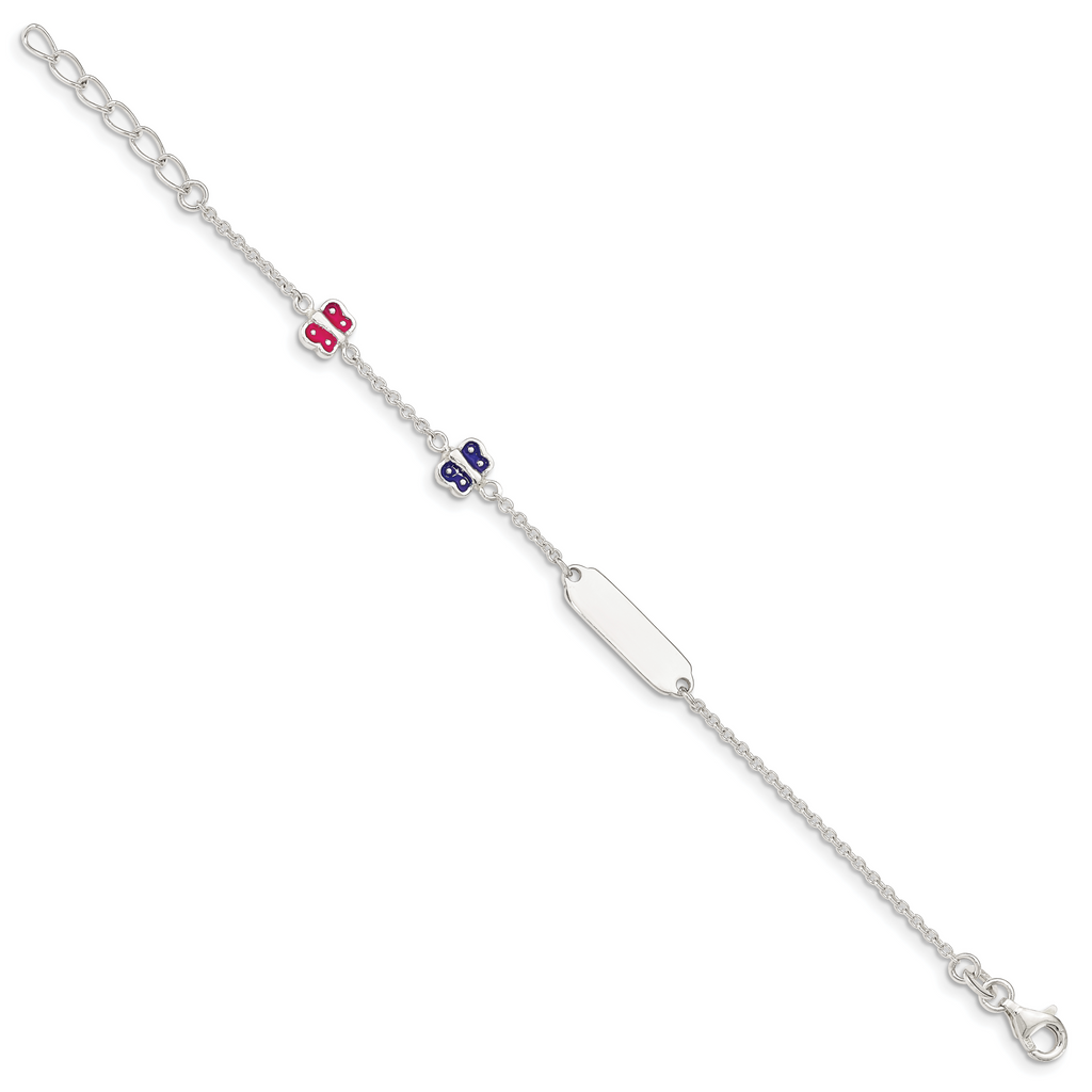 Sterling Silver Enamel Butterfly With  1in ext Childs ID Bracelet