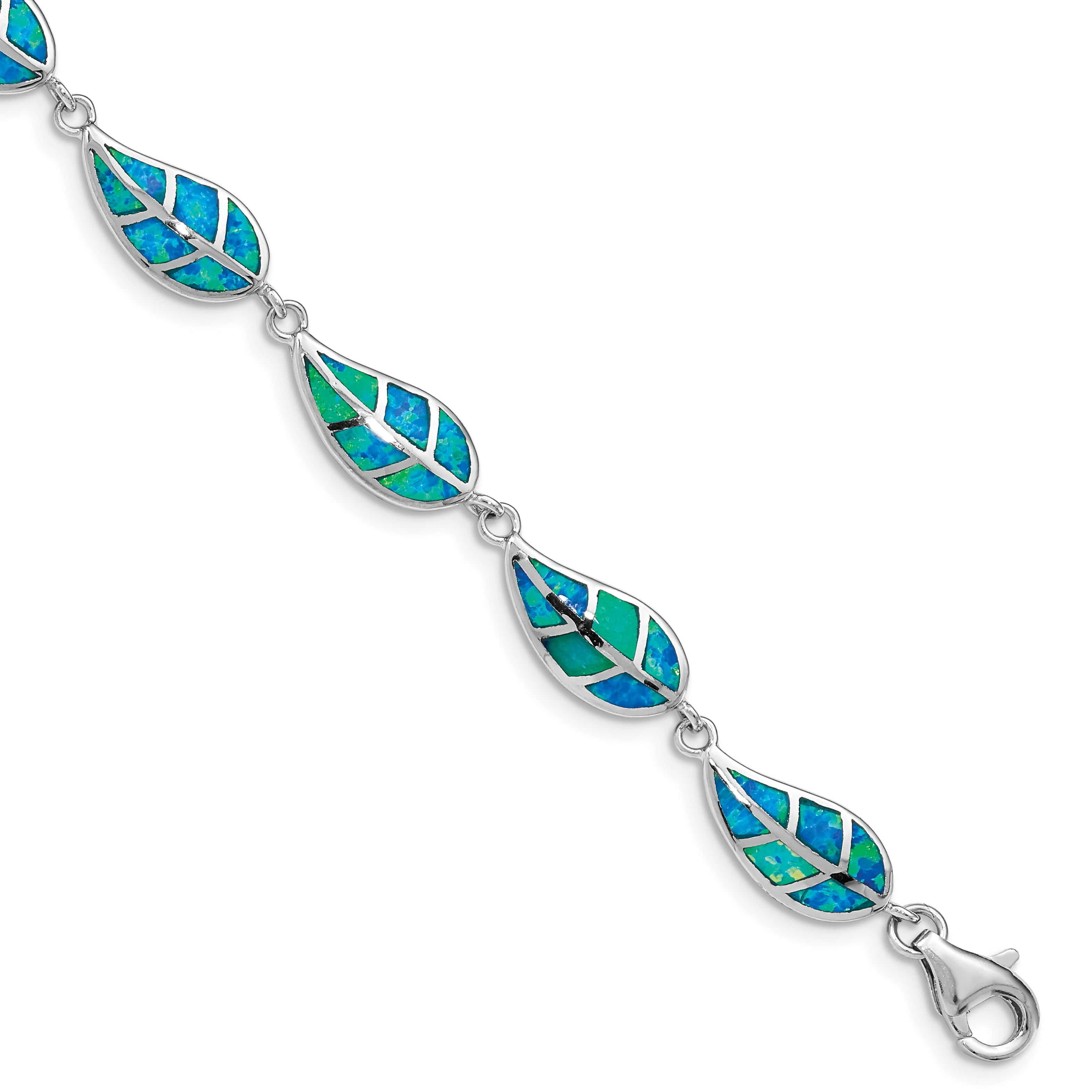 Sterling Silver Rhodium-plated Lab Created Opal Inlay Leaf Bracelet Main image