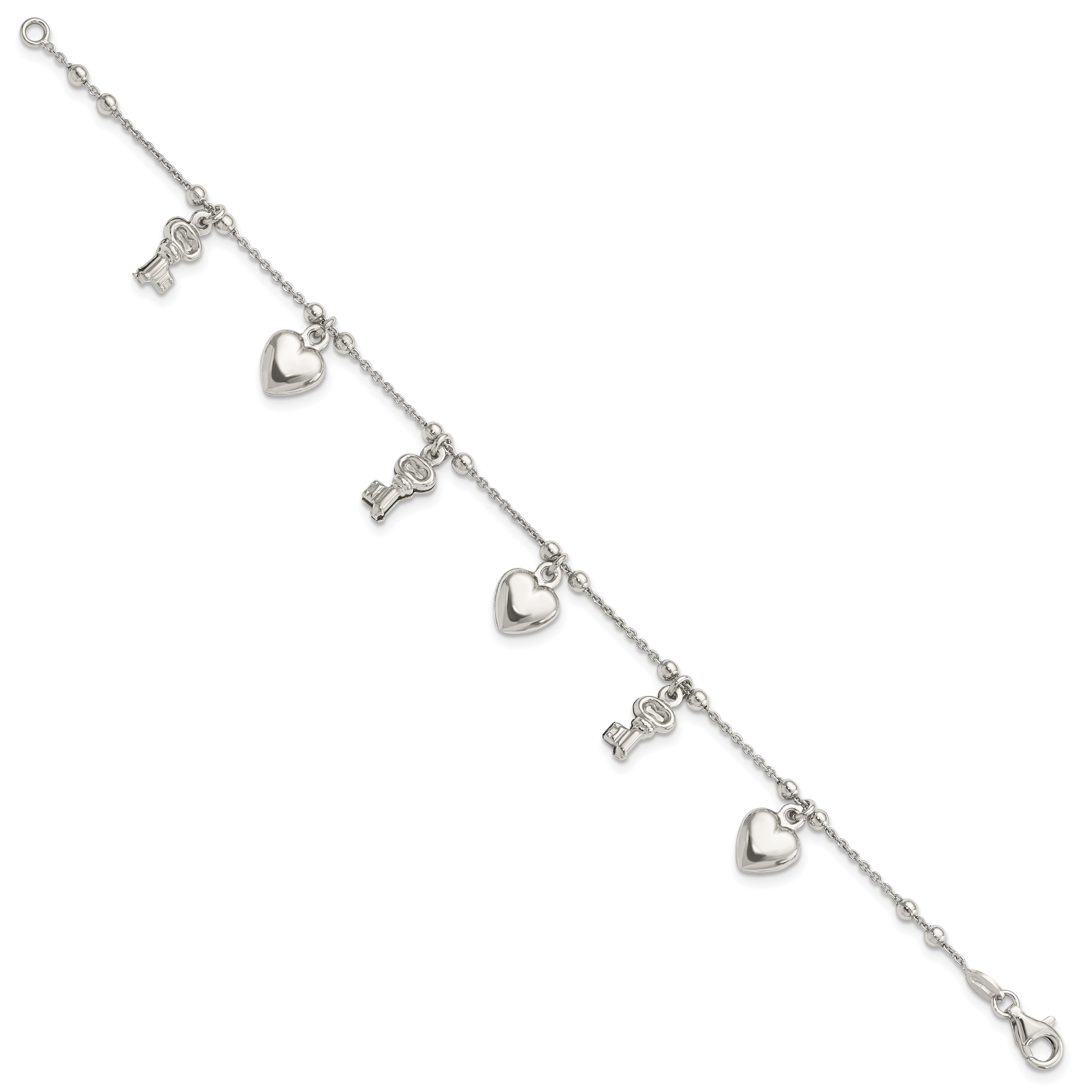 Sterling Silver Rhodium-plated Heart and Key Dangle 6.75in Bracelet Secondary image