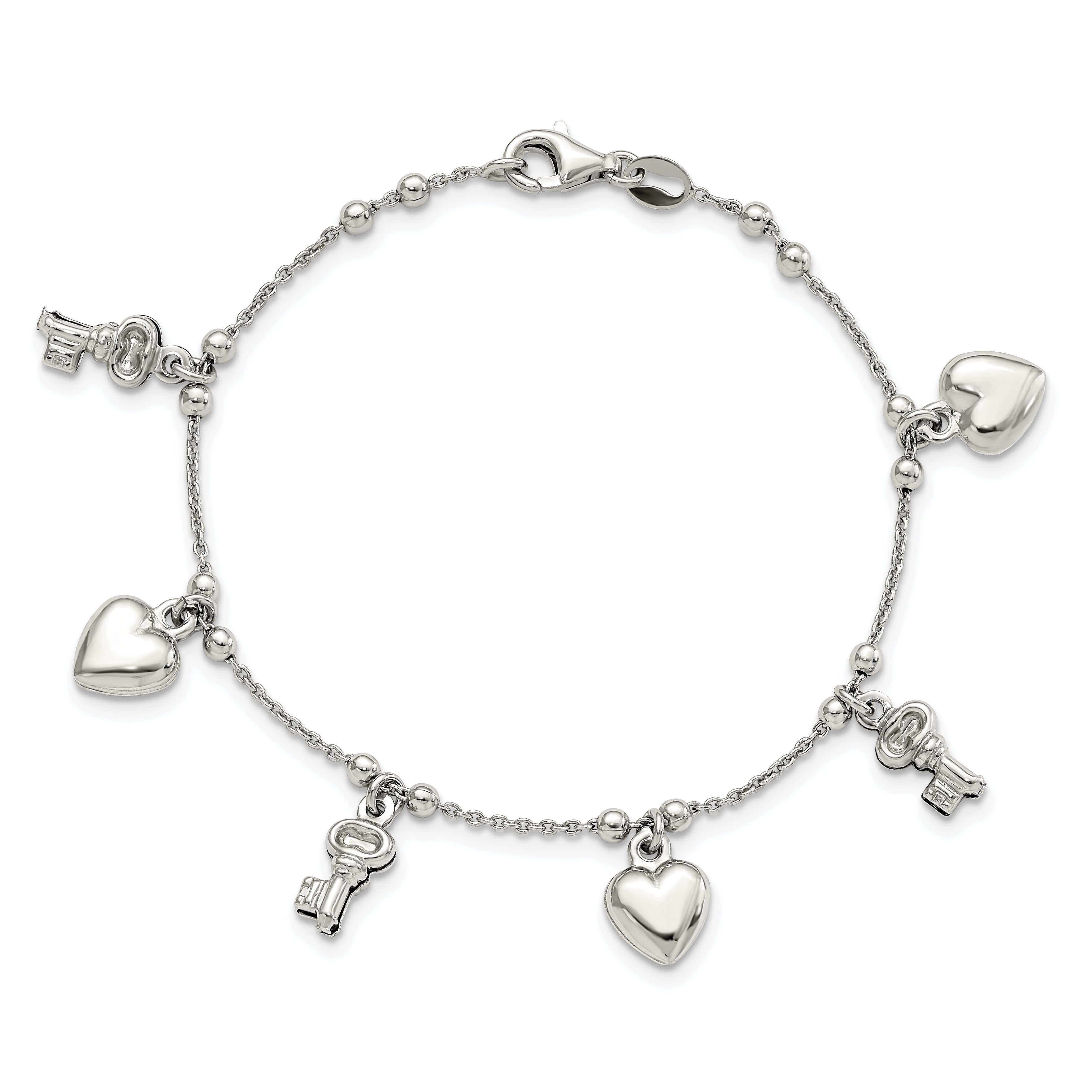 Sterling Silver Rhodium-plated Heart and Key Dangle 6.75in Bracelet