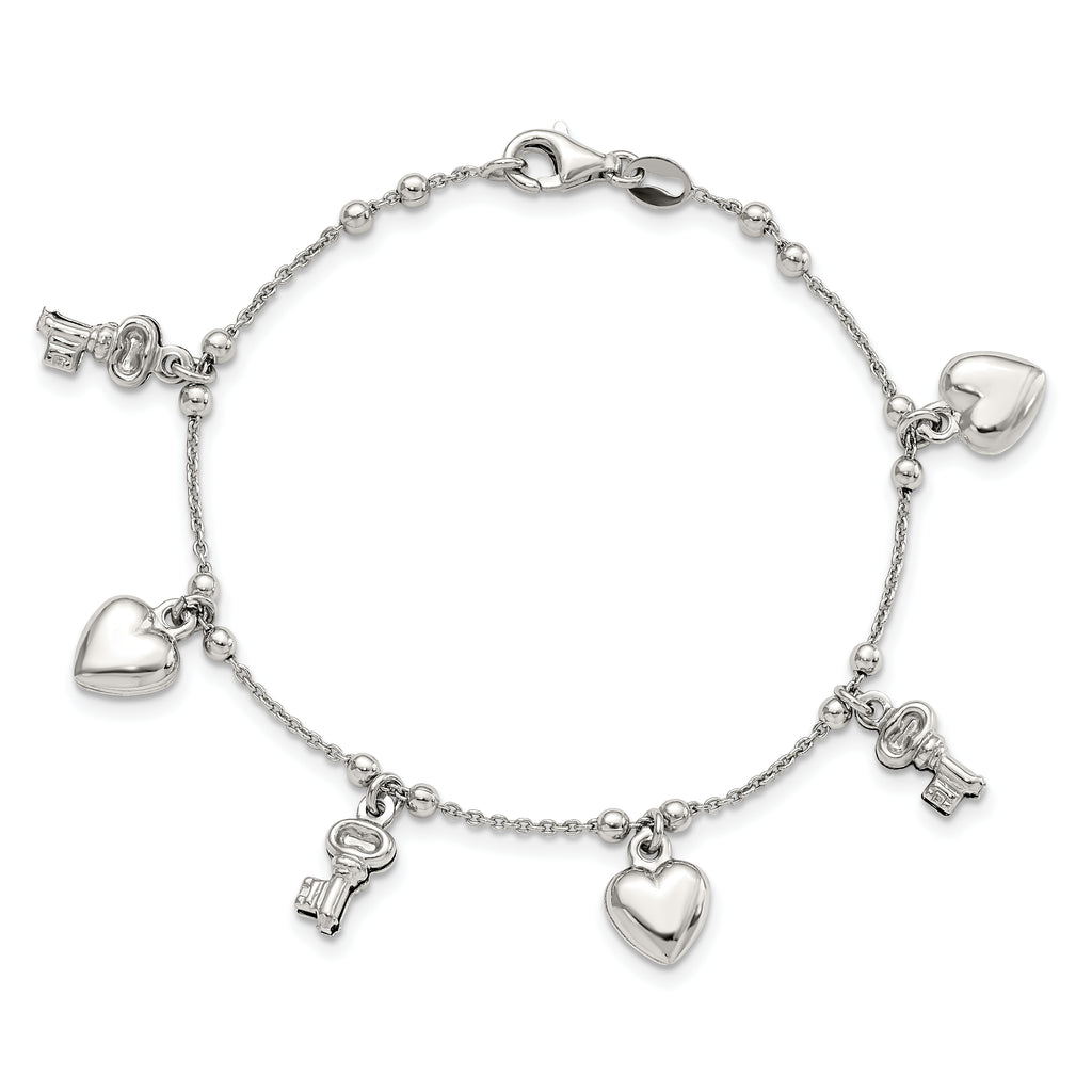 Sterling Silver Rhodium-plated Heart and Key Dangle 6.75in Bracelet