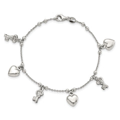 Sterling Silver Rhodium-plated Heart and Key Dangle 6.75in Bracelet