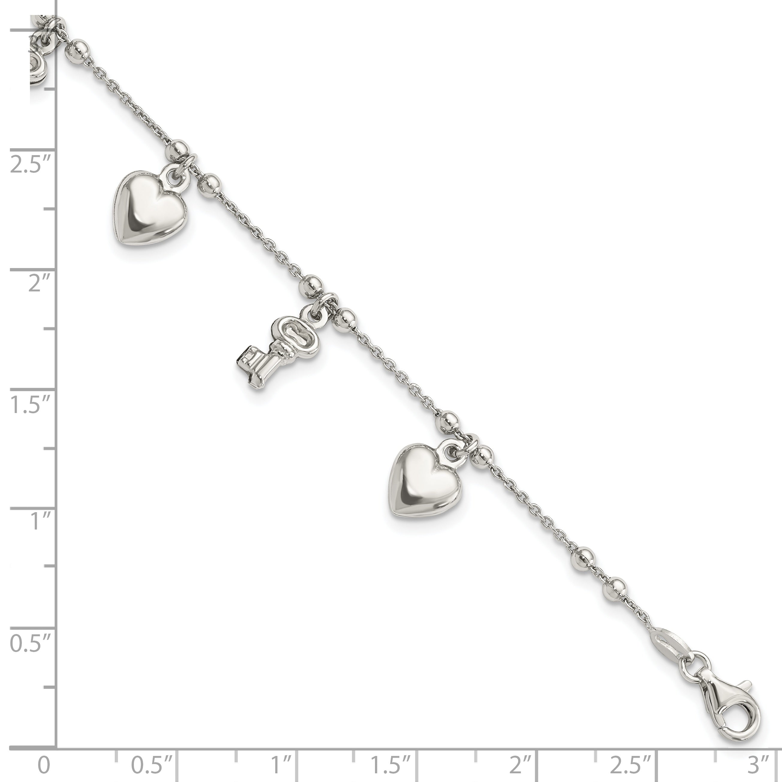 Sterling Silver Rhodium-plated Heart and Key Dangle 6.75in Bracelet
