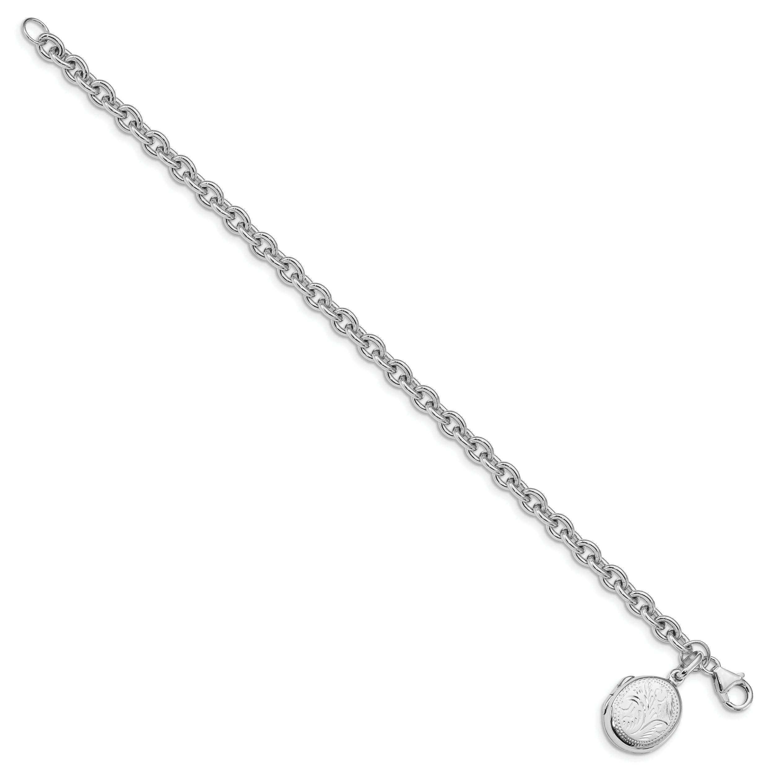 Sterling Silver Rhodium-plated Textured Oval Locket Bracelet