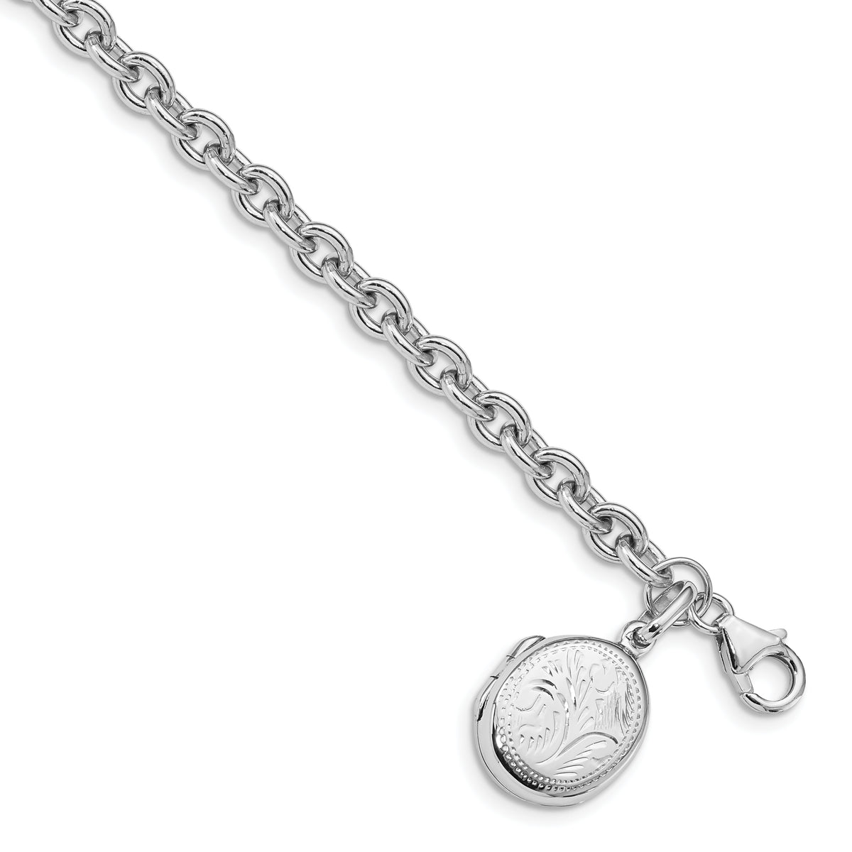 Sterling Silver Rhodium-plated Textured Oval Locket Bracelet