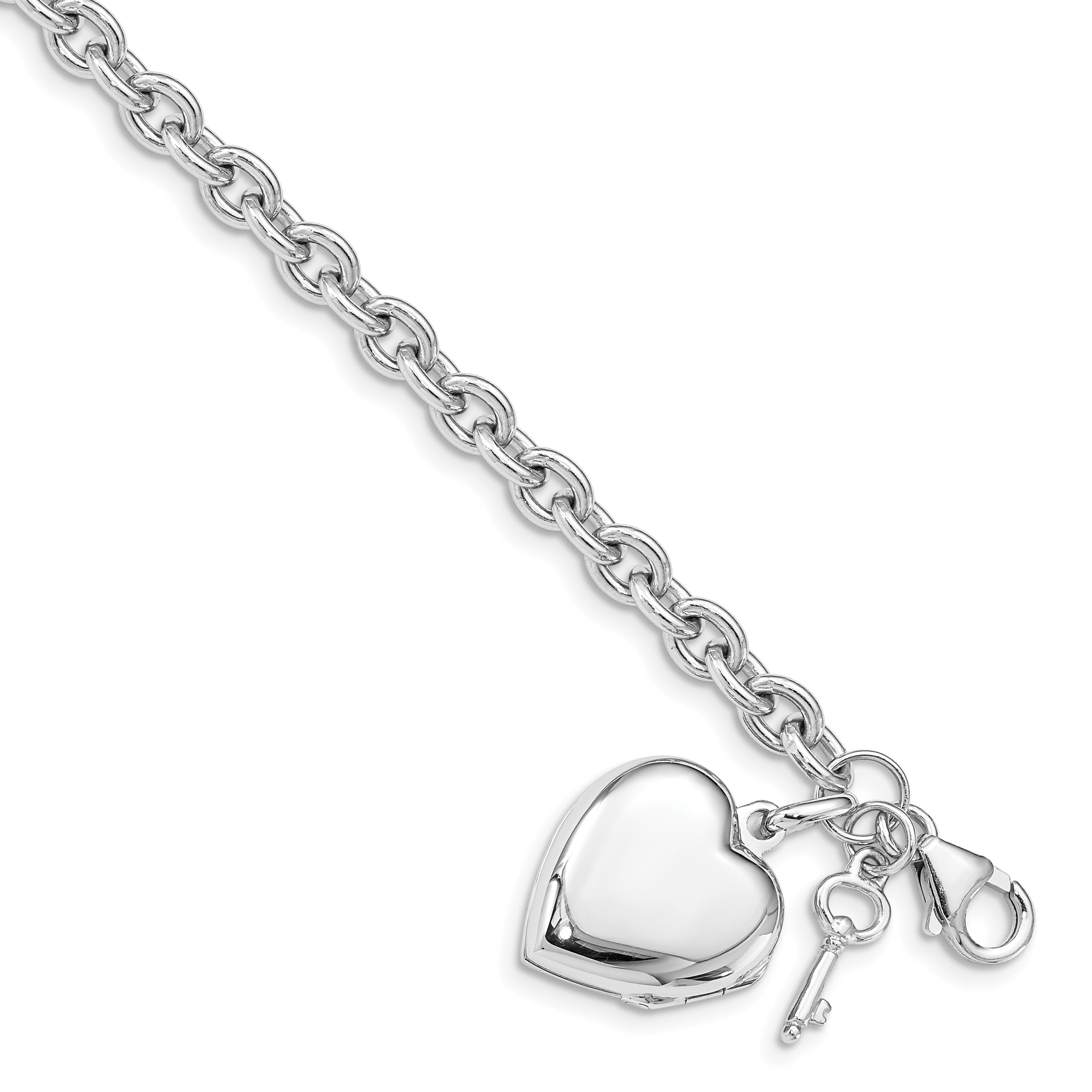 Sterling Silver Rhodium-plated Puffed Heart Locket & Key Bracelet Main image