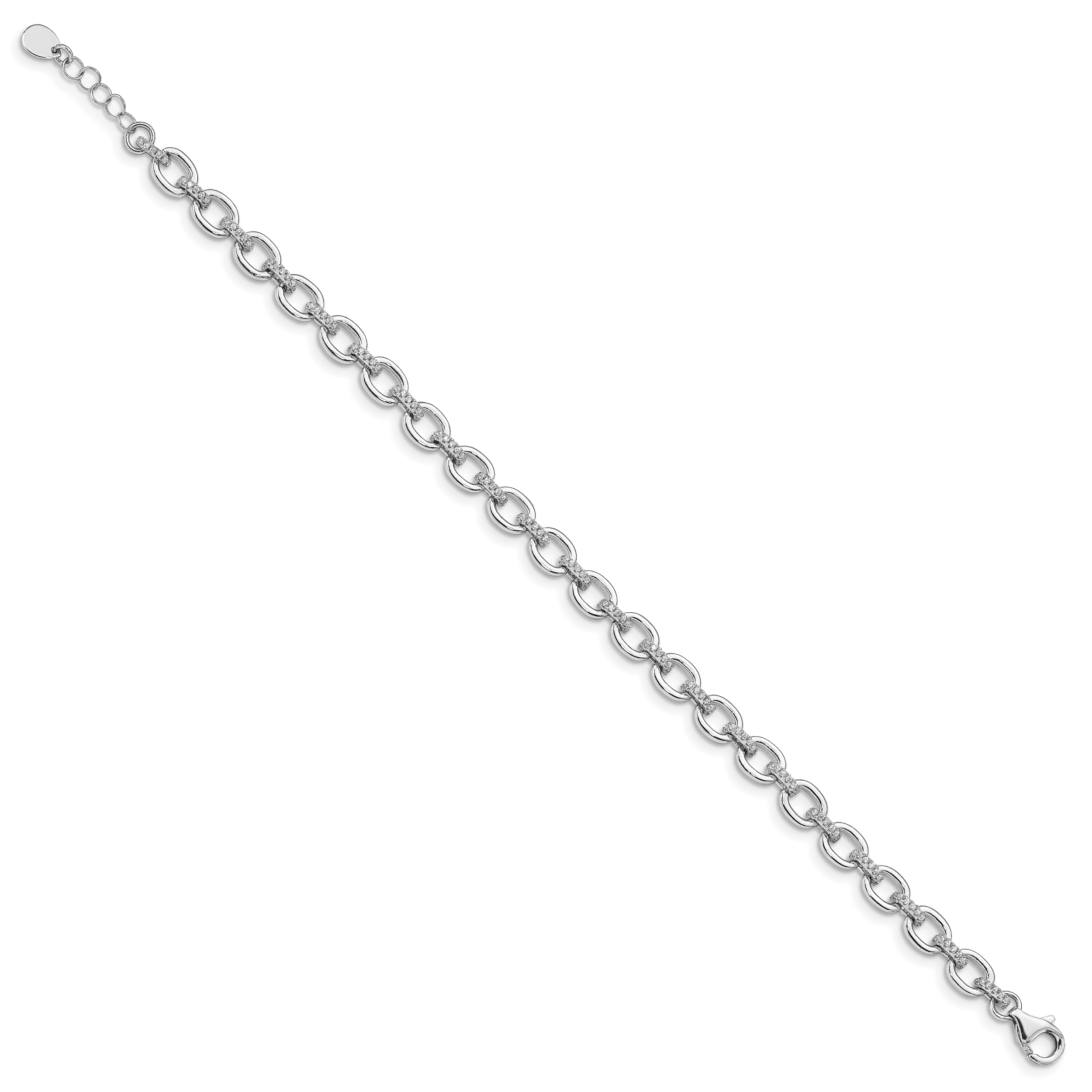 Sterling Silver Rhodium-plated CZ Cable Link With .5in ext Bracelet