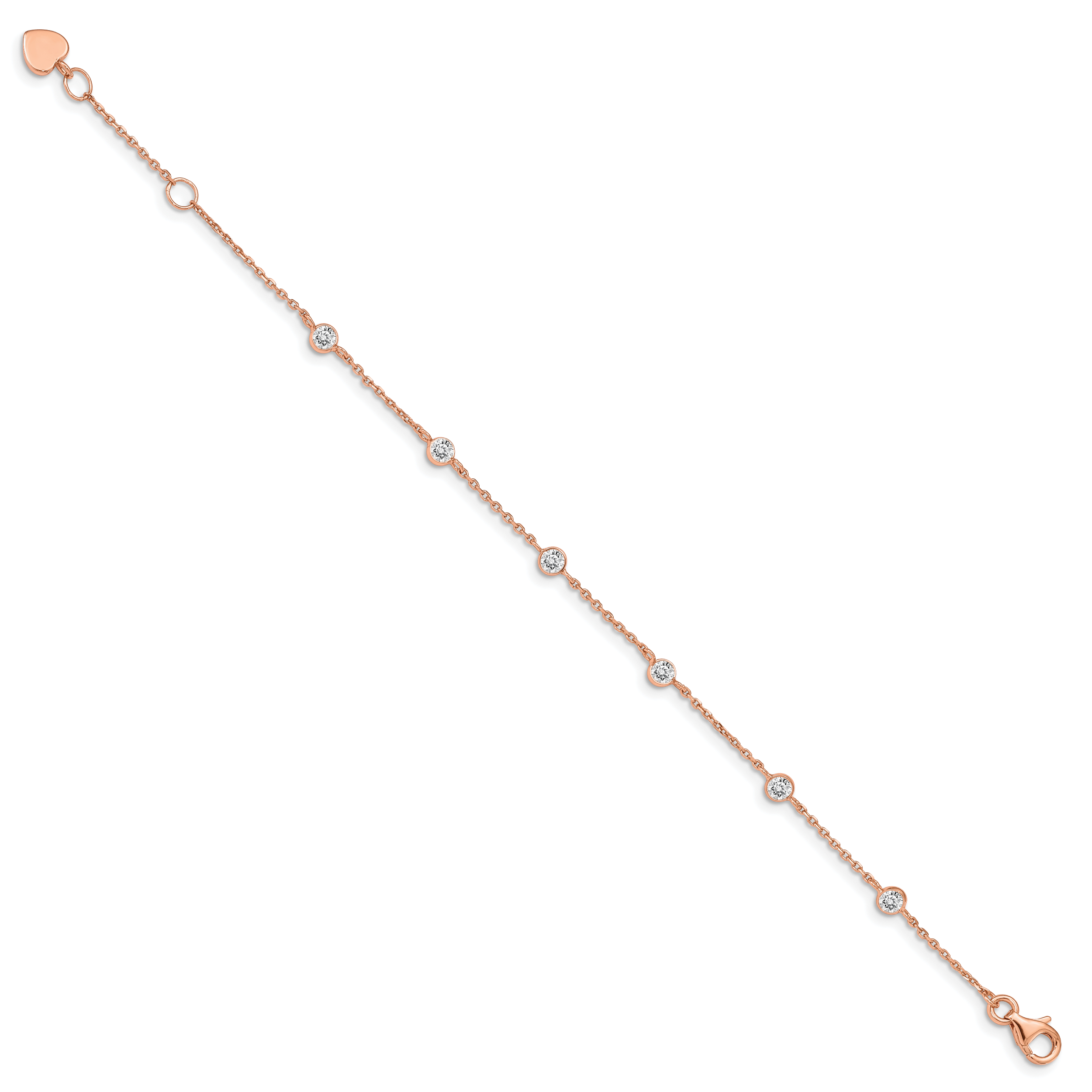 Sterling Silver Rose-tone With  .75in ext. CZ Heart Bracelet