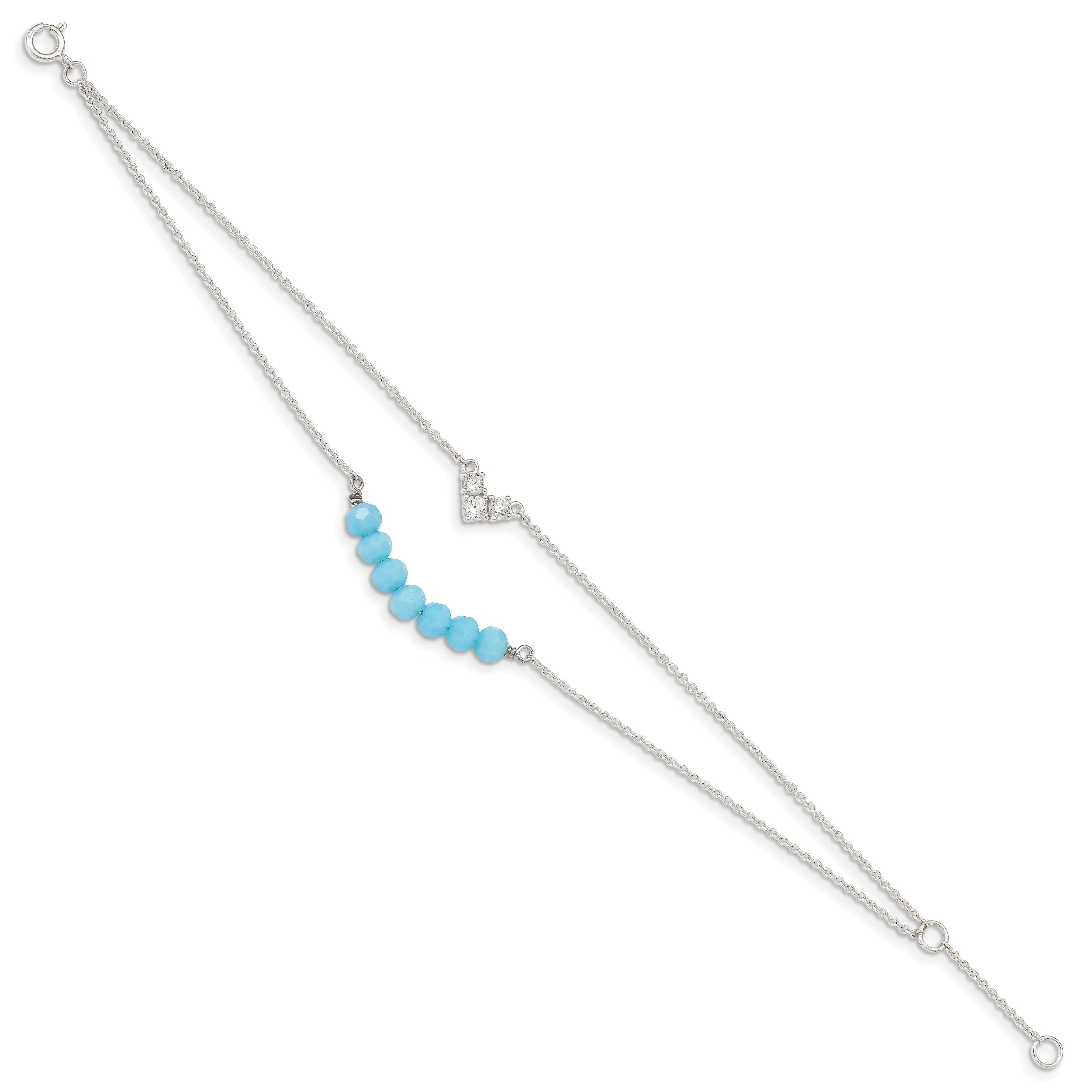 Sterling Silver CZ and Blue Glass Beads With  1in ext. Bracelet