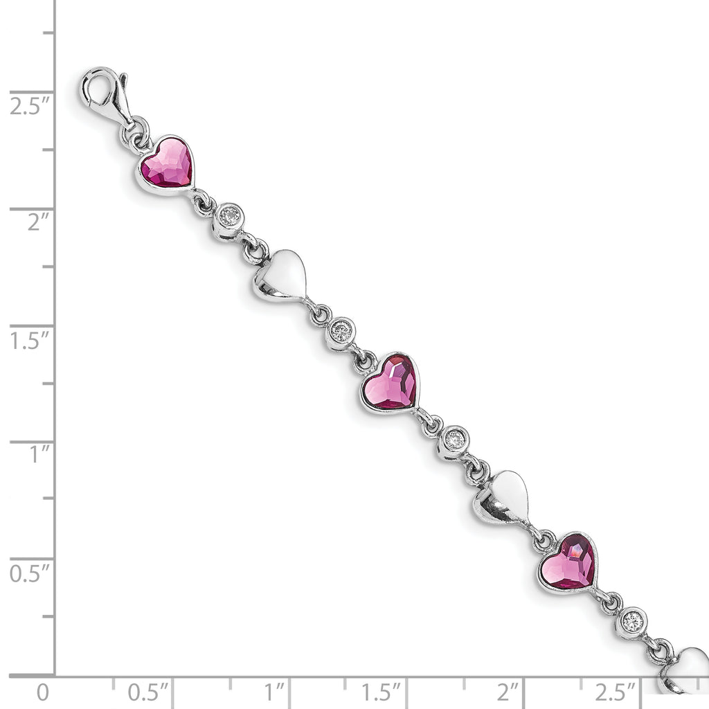 Sterling Silver Rhodium Plated Clear Crystals Pink Heart Crystals and Polished Hearts 6.5 inch Bracelet with 1 inch extension