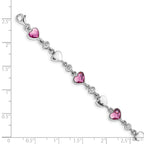 Sterling Silver Rhodium Plated Clear Crystals Pink Heart Crystals and Polished Hearts 6.5 inch Bracelet with 1 inch extension