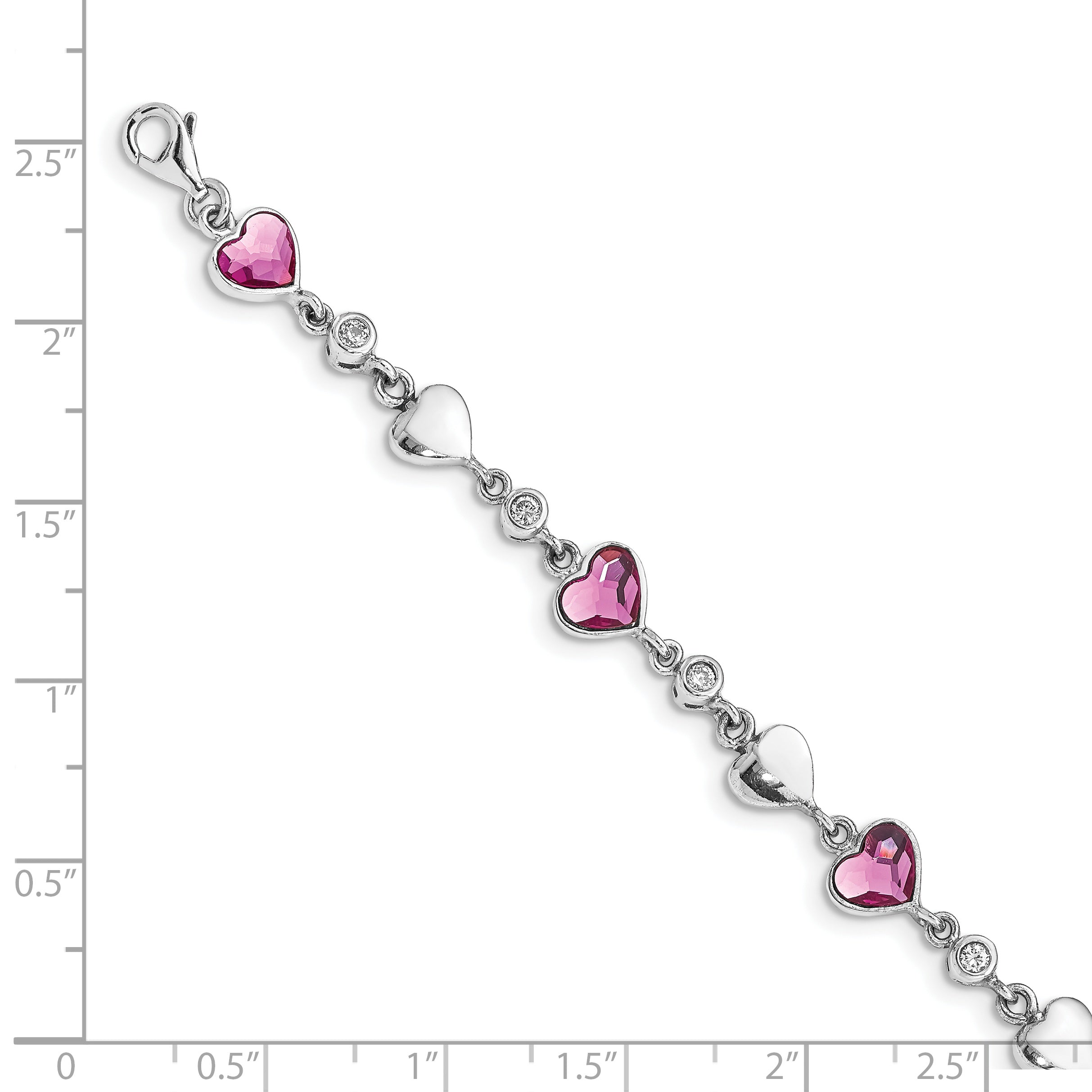 Sterling Silver Rhodium Plated Clear Crystals Pink Heart Crystals and Polished Hearts 6.5 inch Bracelet with 1 inch extension