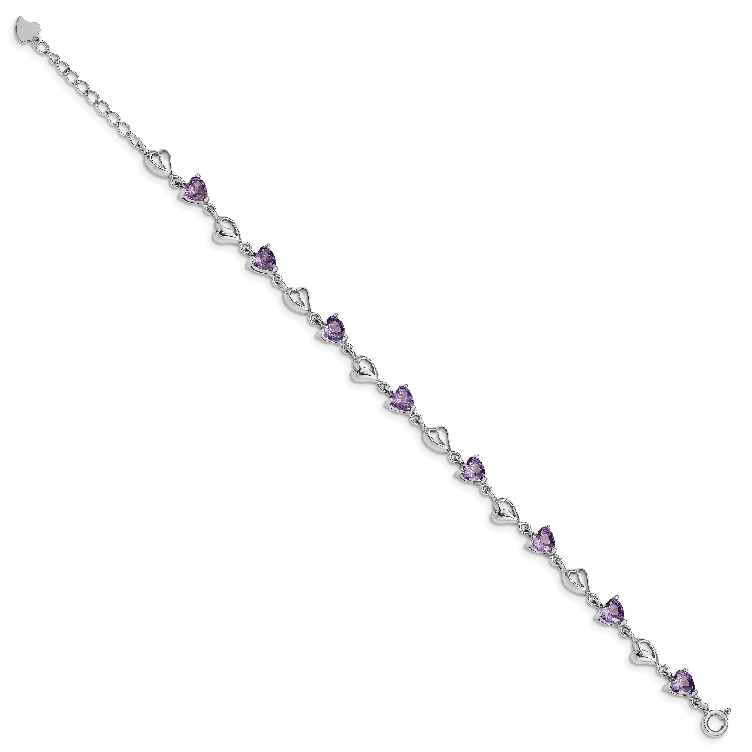 Sterling Silver Rhodium-plated With 1in ext Purple Crystal Hearts Bracelet Secondary image