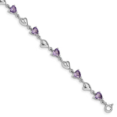 Sterling Silver Rhodium-plated With 1in ext Purple Crystal Hearts Bracelet