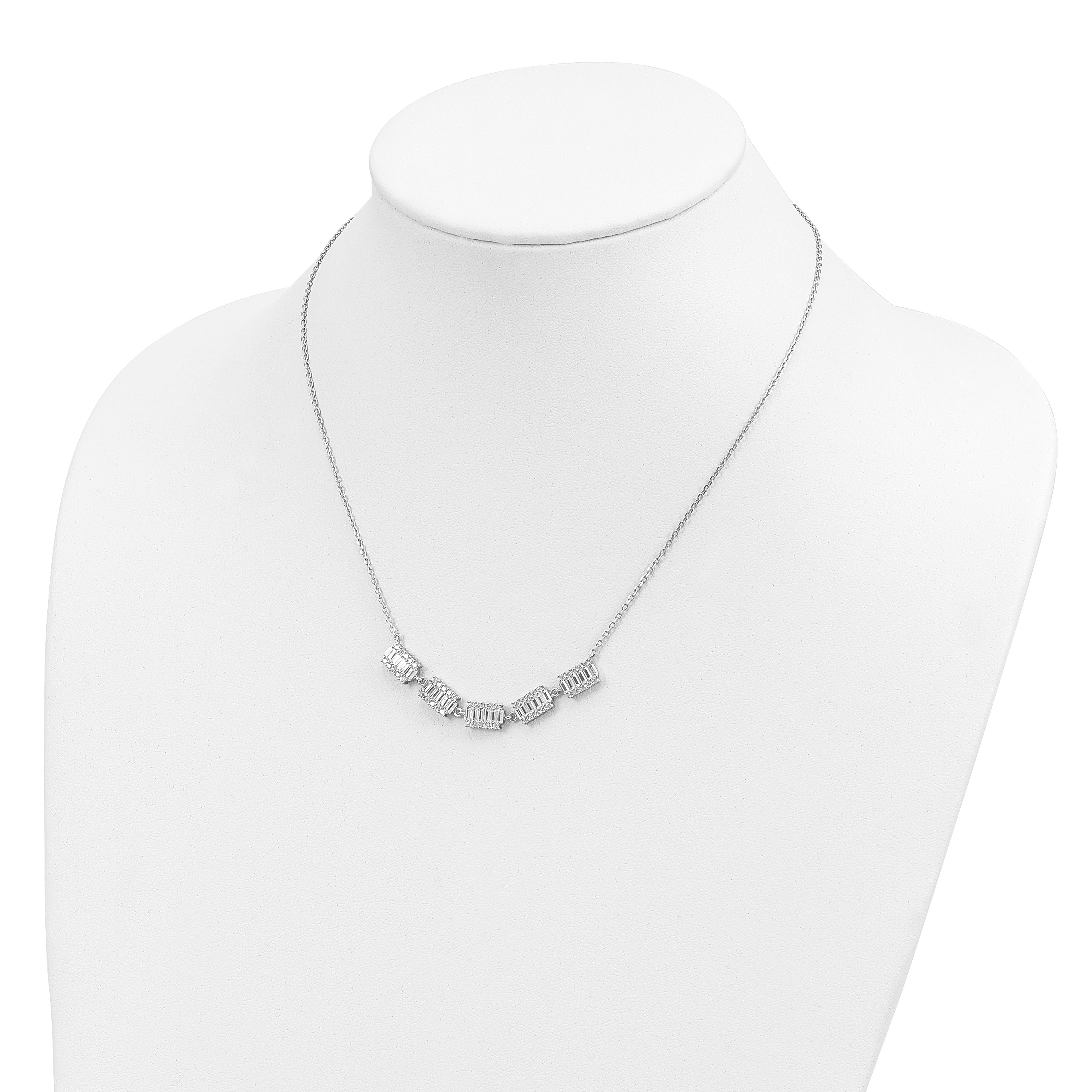 Sterling Silver Rhodium-plated Baguette CZ Bars With  1in ext. Necklace