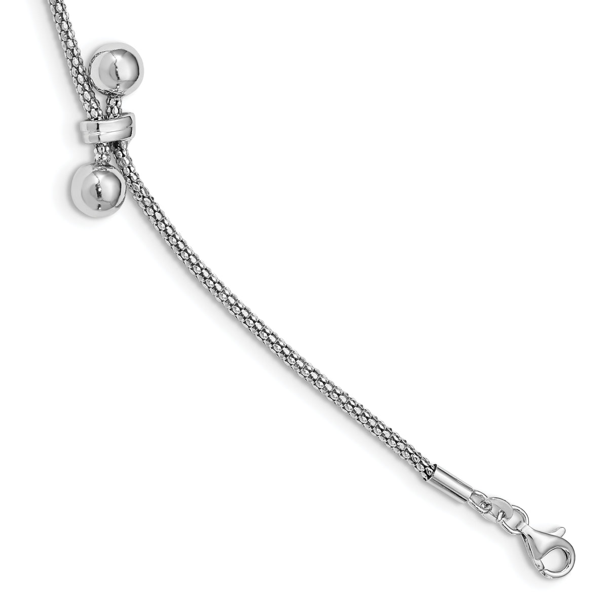 Sterling Silver RH-plated Diamond-Cut With .75in ext. 2-Bead Bracelet