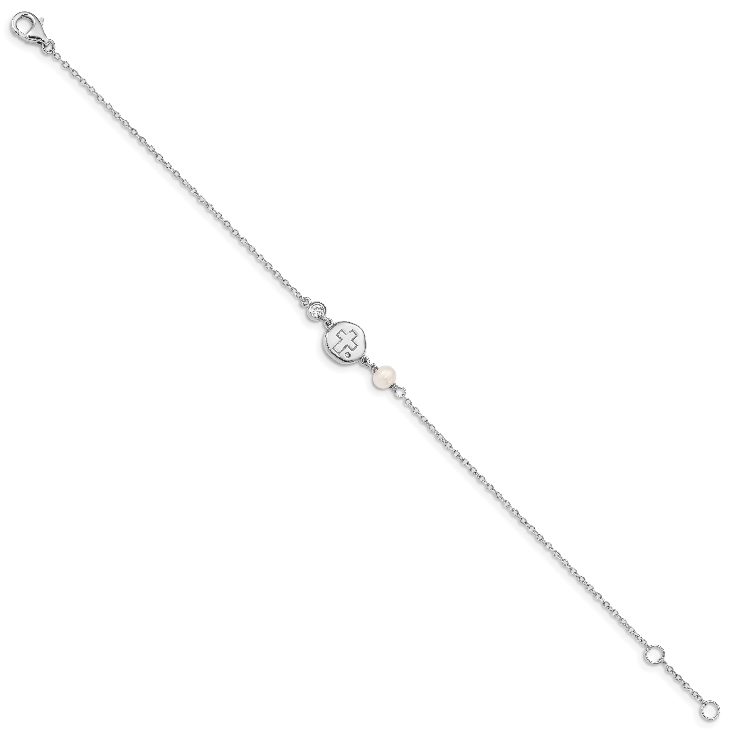 Sterling Silver RH-plated CZ/Cross/FWC Pearl With 0.5in ext Bracelet