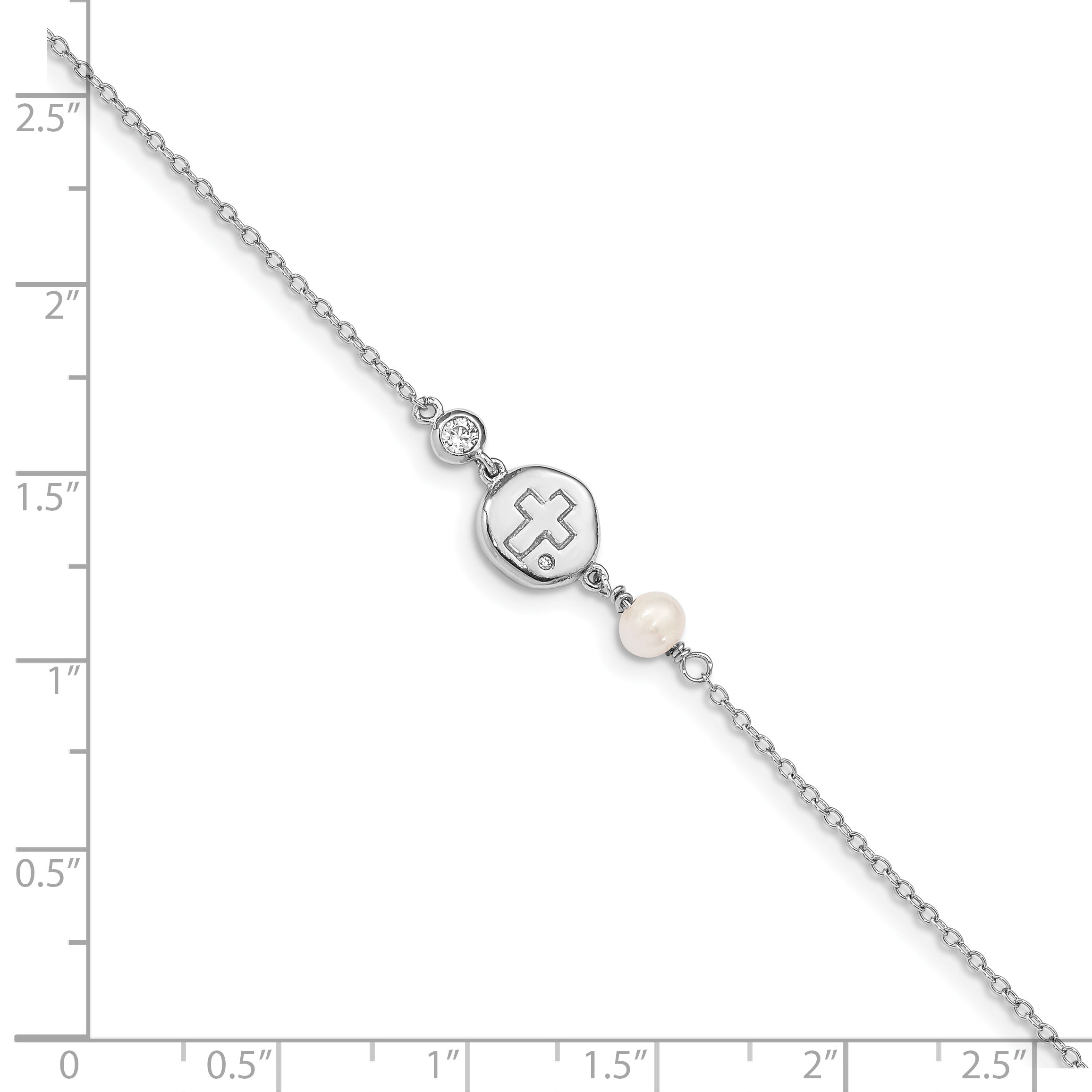 Sterling Silver RH-plated CZ/Cross/FWC Pearl With 0.5in ext Bracelet