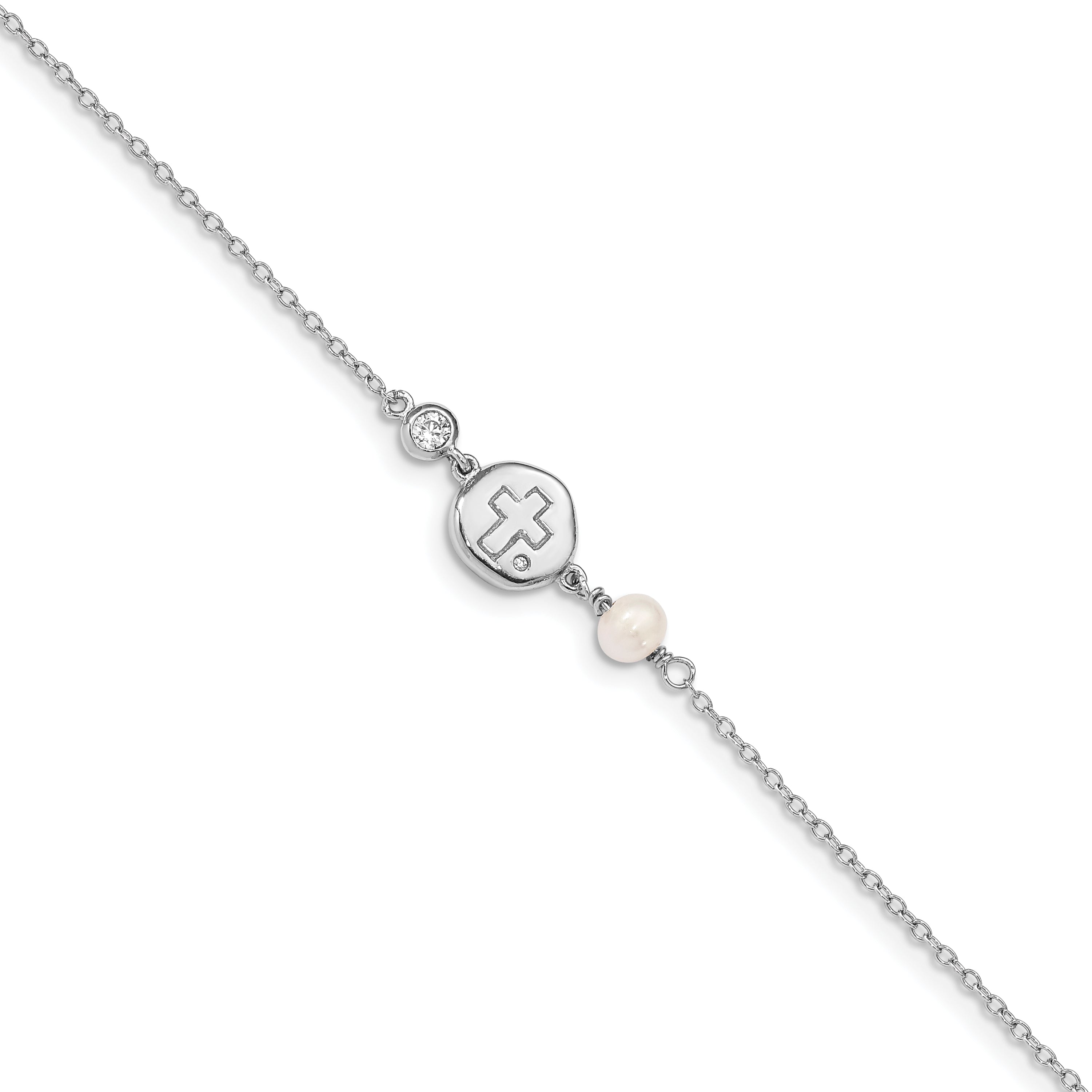 Sterling Silver RH-plated CZ/Cross/FWC Pearl With 0.5in ext Bracelet Main image