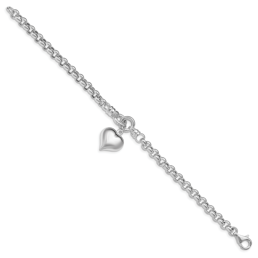 Sterling Silver Polished Rolo With  Dangle Heart Charm Bracelet